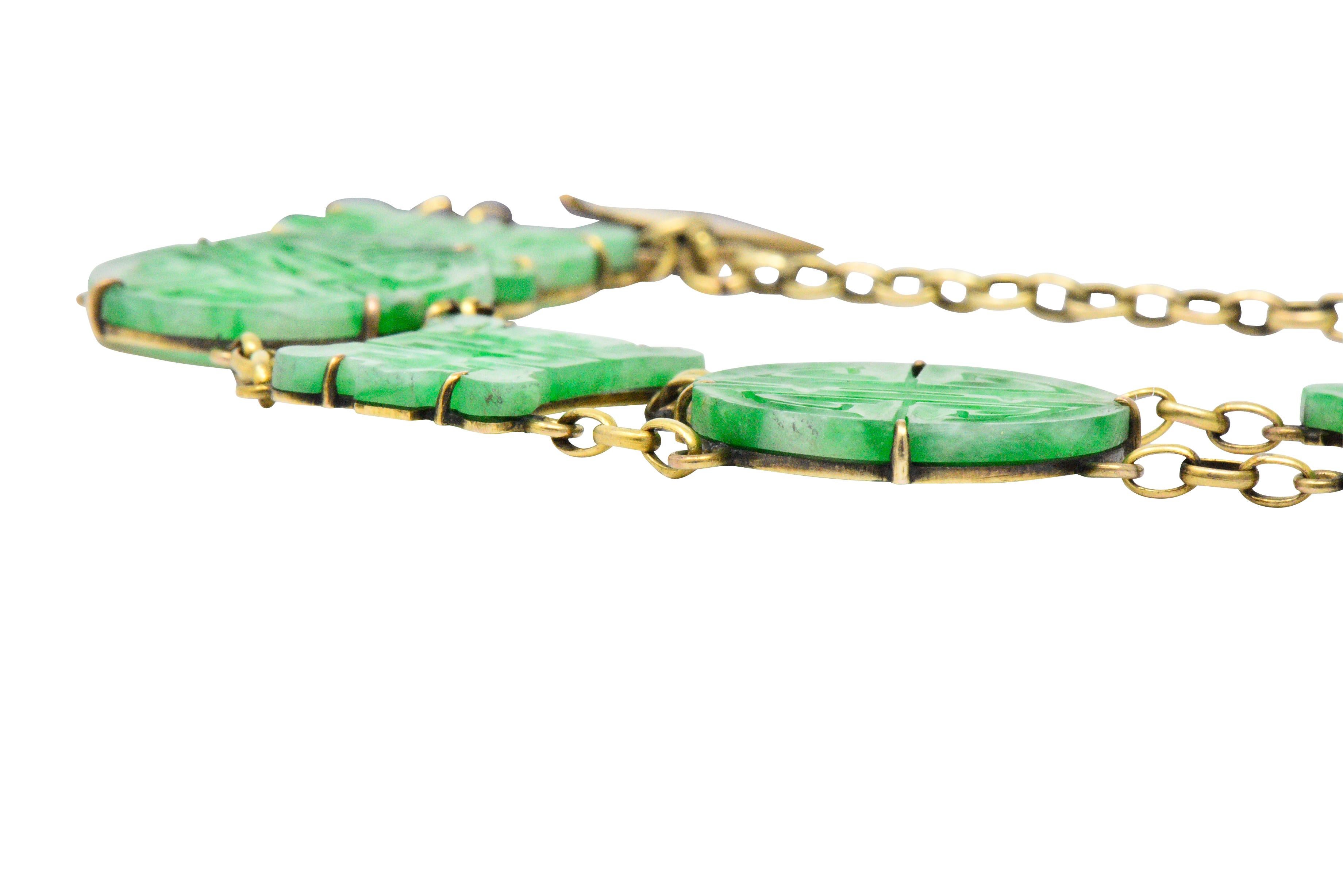 Art Nouveau Carved Jade 14 Karat Gold Link Bracelet 2