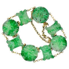 Art Nouveau Carved Jade 14 Karat Gold Link Bracelet
