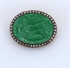Art Nouveau Carved Jade Brooch Natural Pearls, 1900