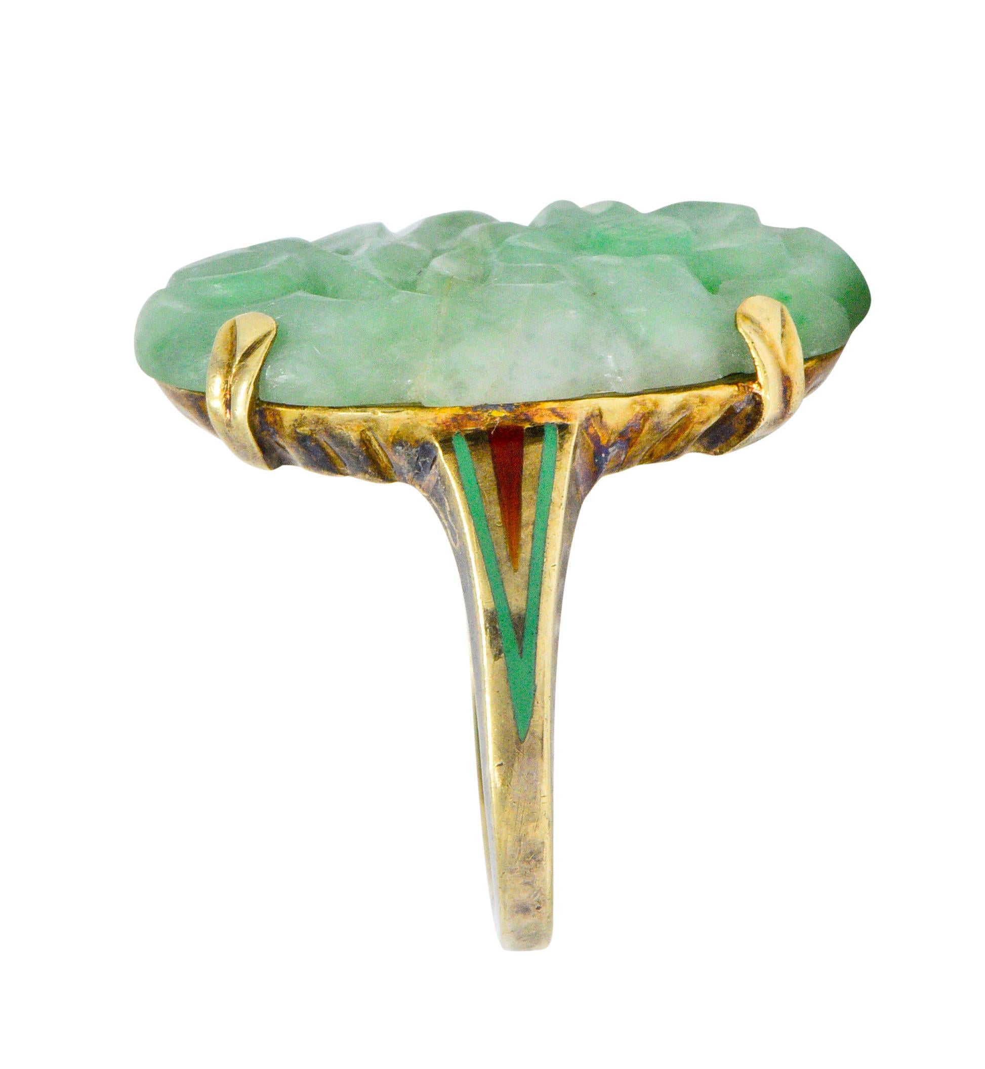 Women's or Men's Art Nouveau Carved Jade Enamel 14 Karat Gold Floral Antique Ring
