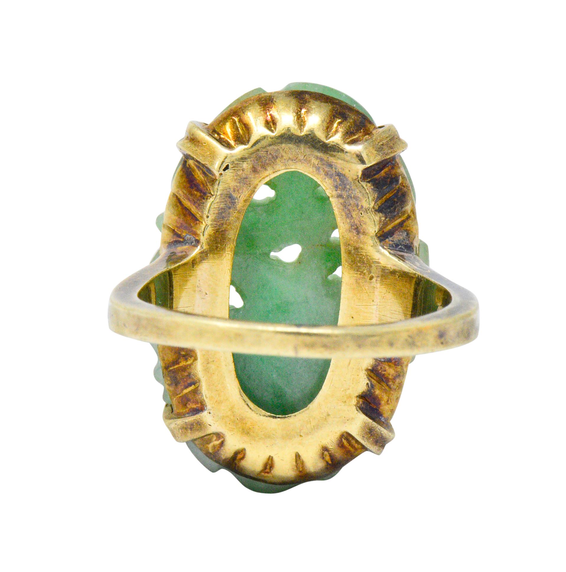 Art Nouveau Carved Jade Enamel 14 Karat Gold Floral Antique Ring 1