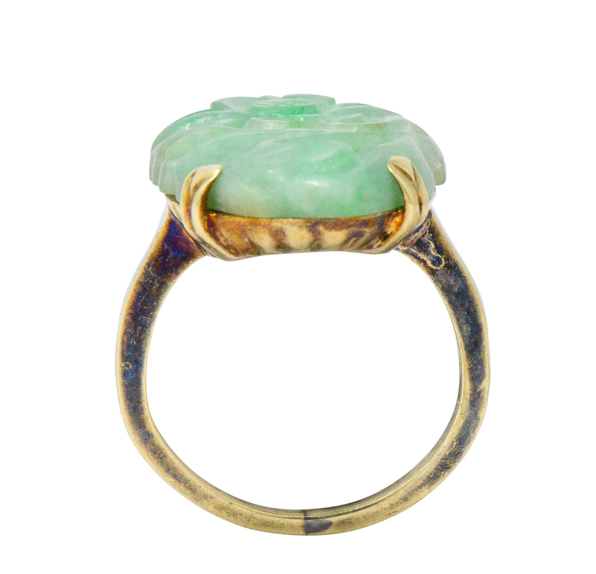 Art Nouveau Carved Jade Enamel 14 Karat Gold Floral Antique Ring 2