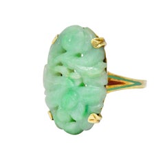 Art Nouveau Carved Jade Enamel 14 Karat Gold Floral Antique Ring