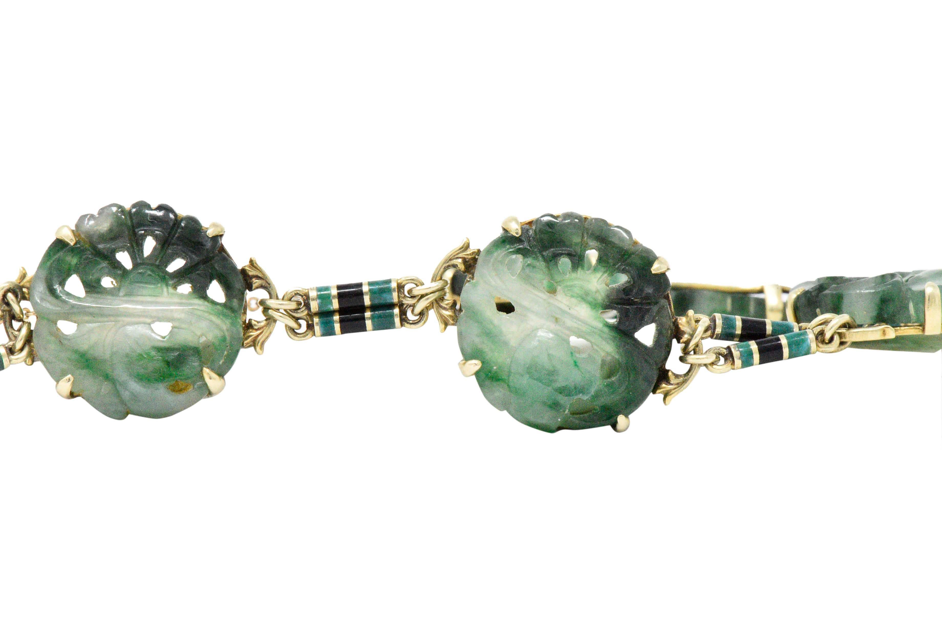 Women's or Men's Art Nouveau Carved Jade Enamel and 14 Karat Gold Bracelet