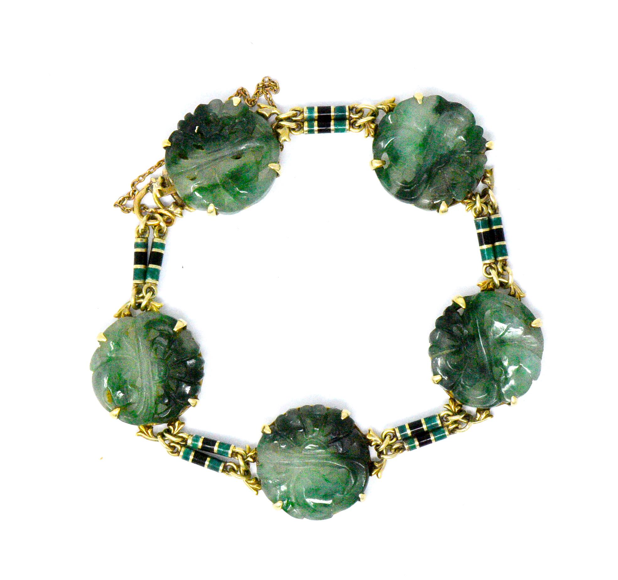 Art Nouveau Carved Jade Enamel and 14 Karat Gold Bracelet