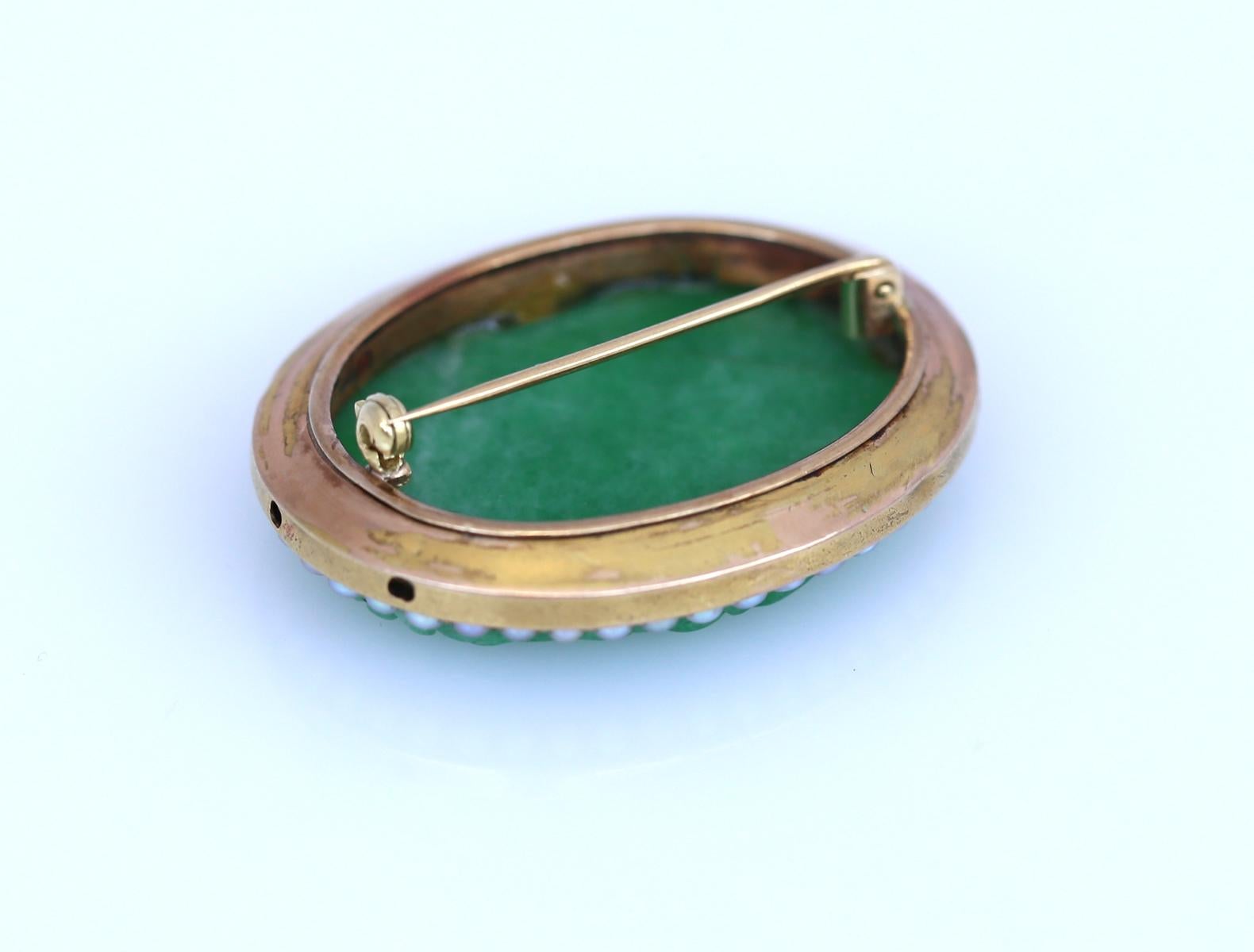 Oval Cut Art Nouveau Carved Jade Brooch Natural Pearls Erotic, 1900 For Sale