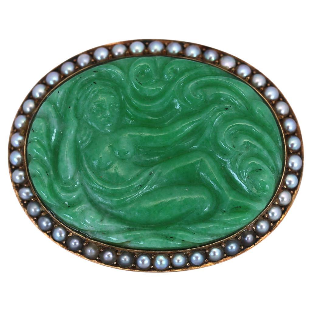 Art Nouveau Carved Jade Brooch Natural Pearls Erotic, 1900 For Sale