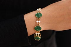 Art Nouveau Carved Jadeite and Pearl Station Bracelet