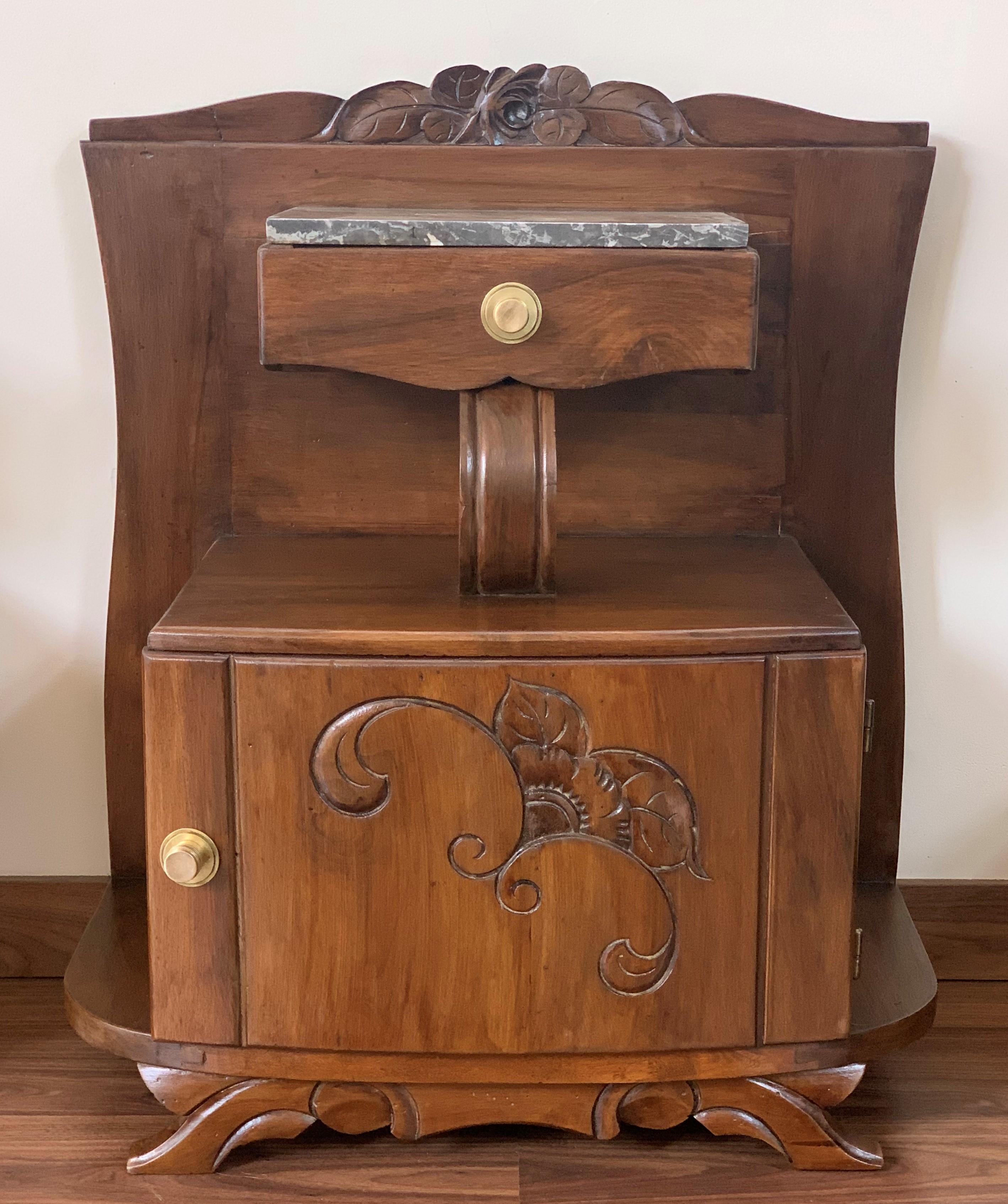 Art Nouveau Carved Nightstands / Bedside Tables with Marble Top, circa 1900 For Sale 5