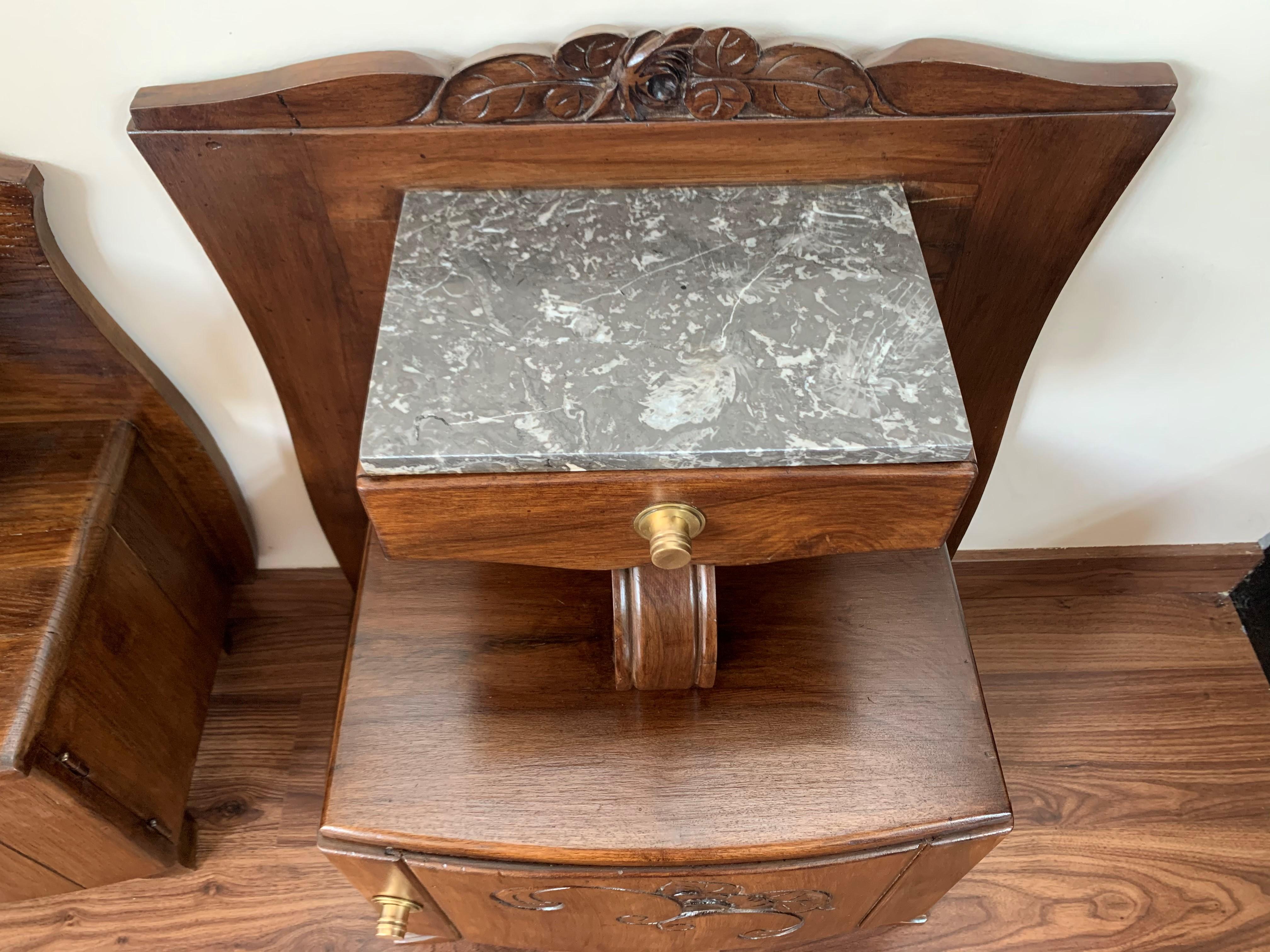 Art Nouveau Carved Nightstands / Bedside Tables with Marble Top, circa 1900 For Sale 9