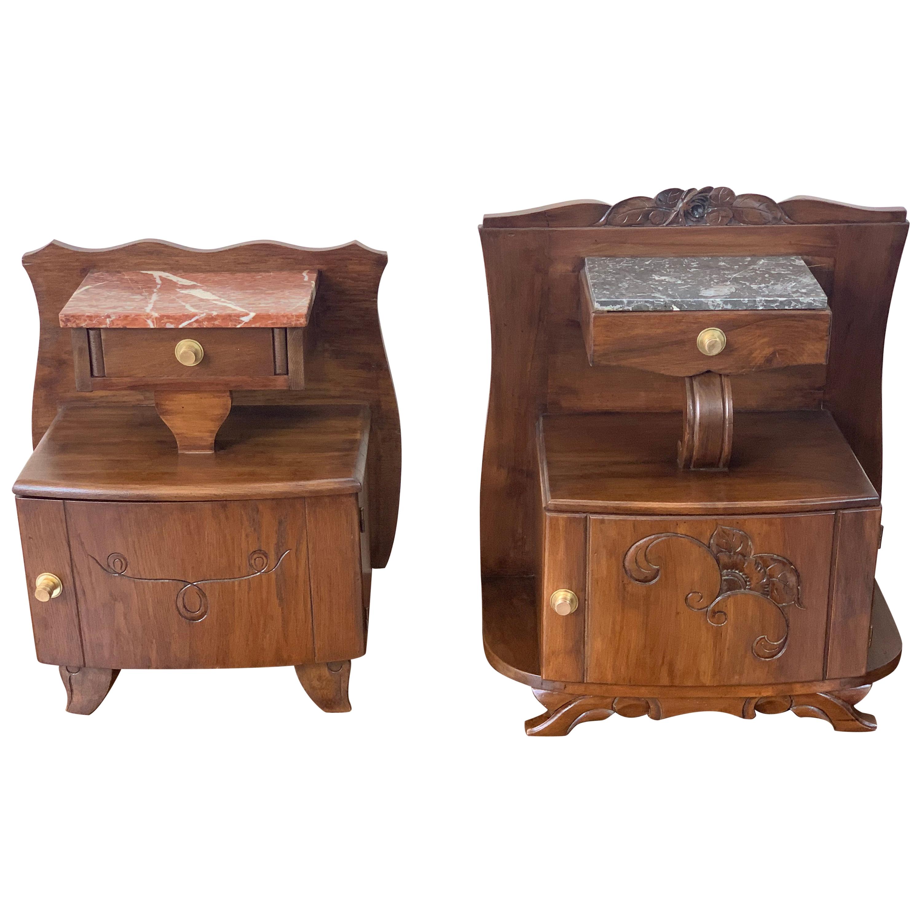 Art Nouveau Carved Nightstands / Bedside Tables with Marble Top, circa 1900 For Sale