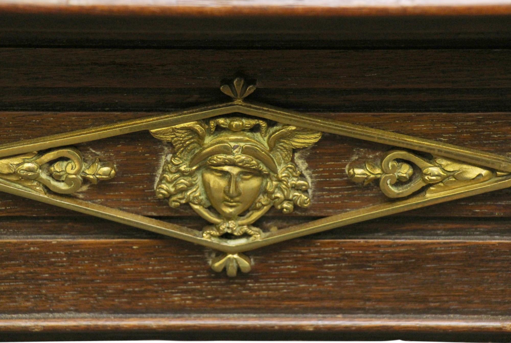 French Art Nouveau Carved Oak Mantel with Applique