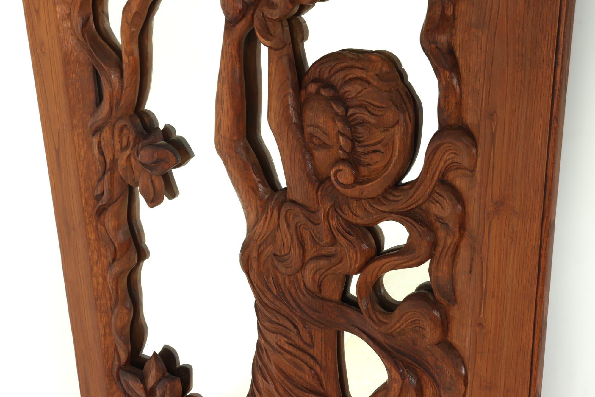French Art Nouveau Carved Oak Tall Mirror c1910
