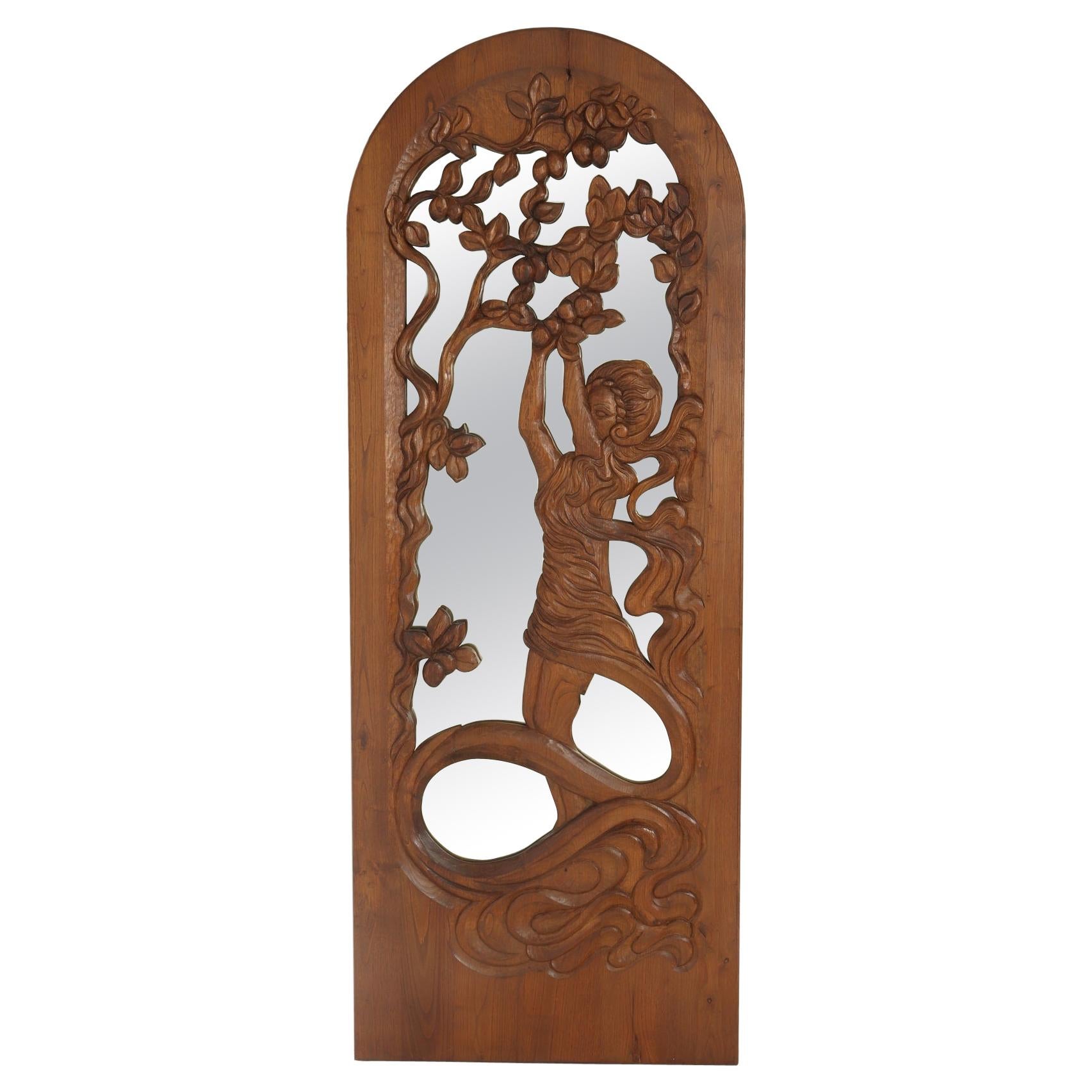 Art Nouveau Carved Oak Tall Mirror c1910