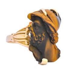 Art Nouveau Carved Tiger's Eye 14 Karat Gold Greek Hero Ring