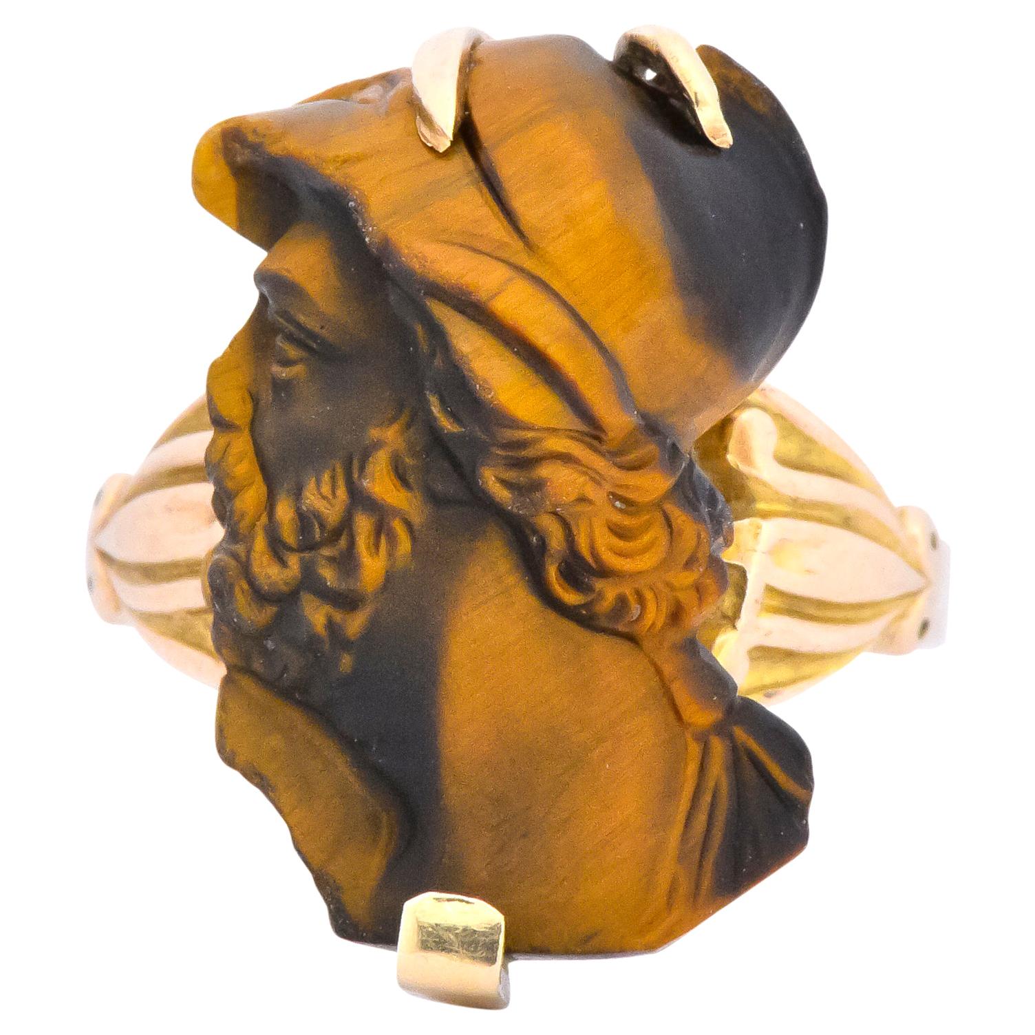 Art Nouveau Carved Tiger's Eye 14 Karat Gold Greek Hero Ring