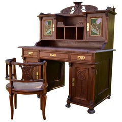 Art Nouveau Carved Walnut Desk and Armchair, circa 1900