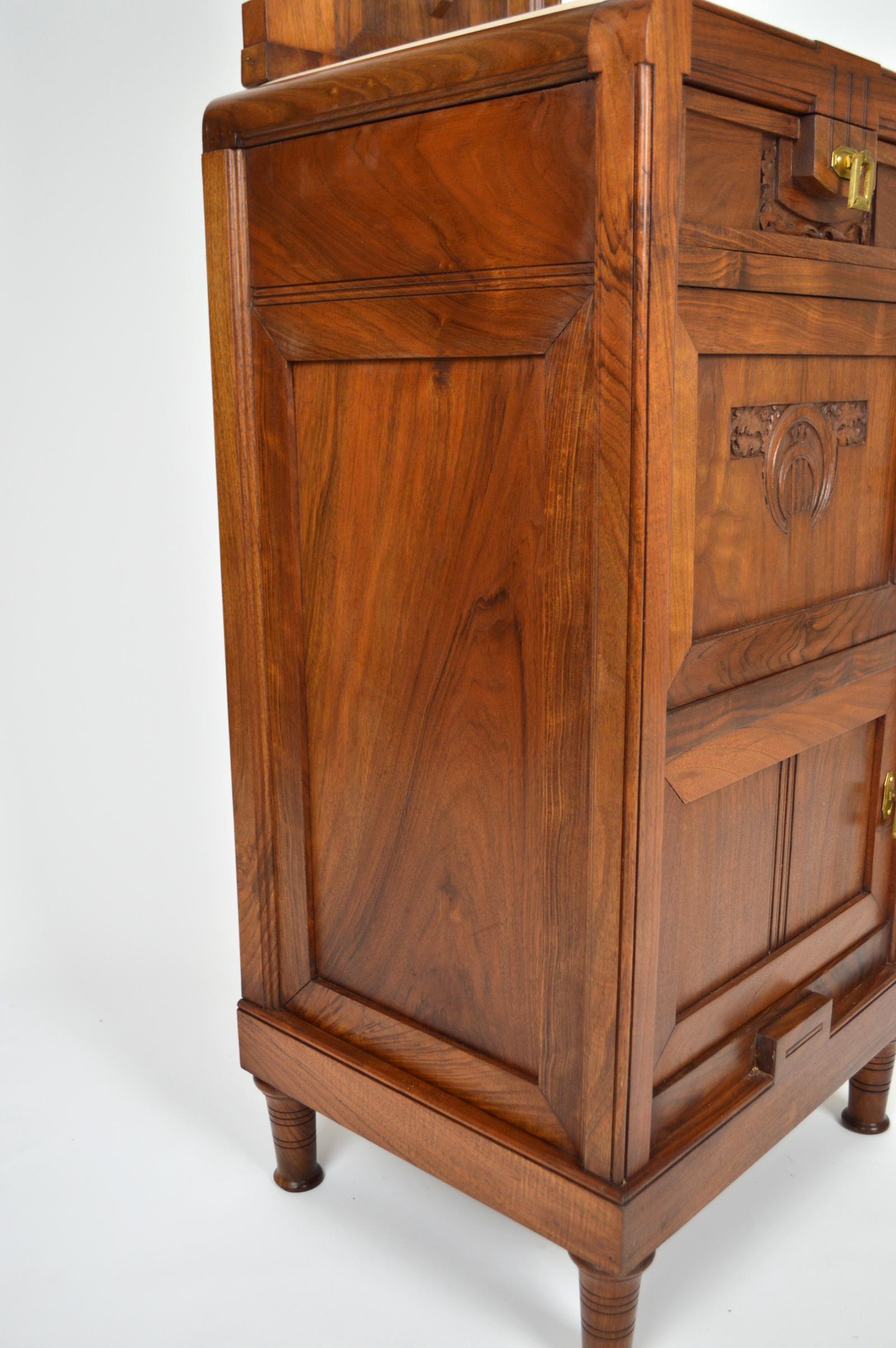 Art Nouveau Carved Walnut Nightstand / Bedside Table with Marble Top, circa 1900 For Sale 3