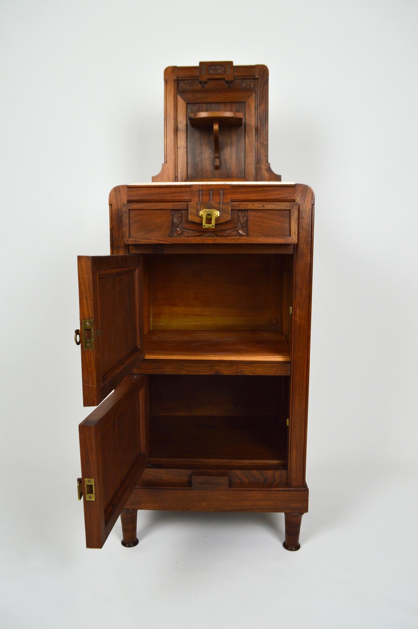 Art Nouveau Carved Walnut Nightstand / Bedside Table with Marble Top, circa 1900 For Sale 6