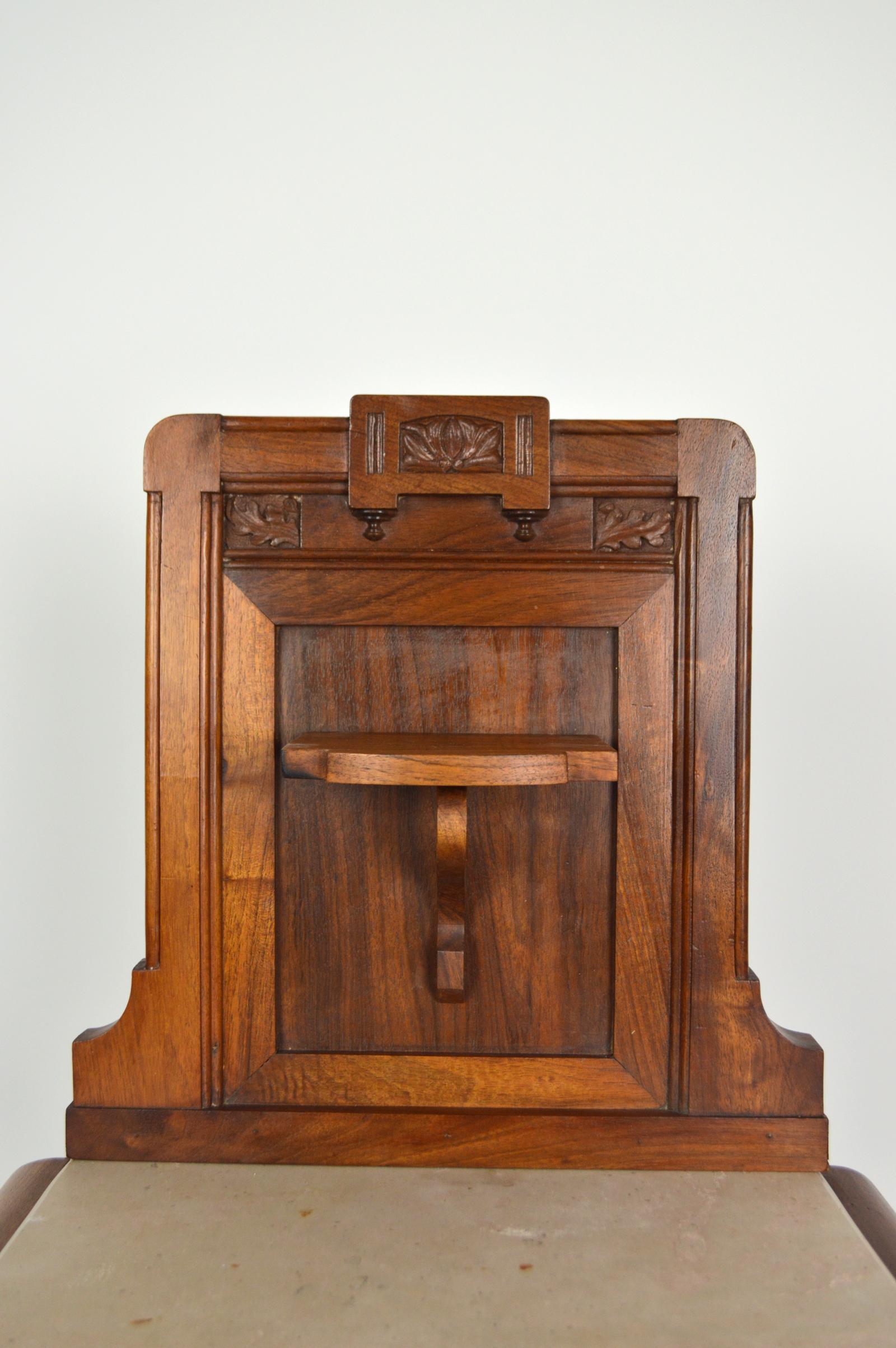 Italian Art Nouveau Carved Walnut Nightstand / Bedside Table with Marble Top, circa 1900 For Sale