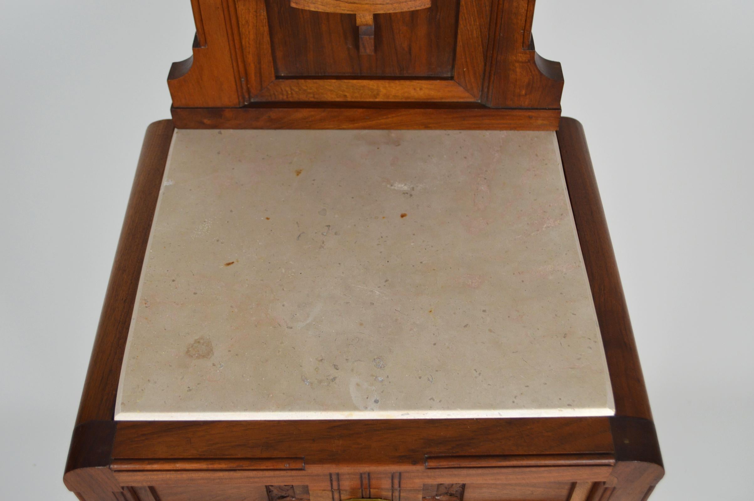 Brass Art Nouveau Carved Walnut Nightstand / Bedside Table with Marble Top, circa 1900 For Sale