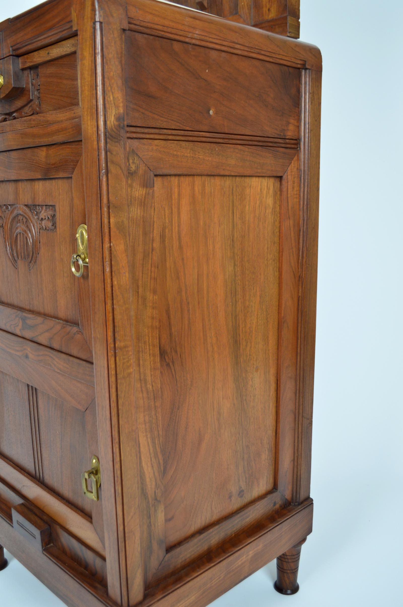 Art Nouveau Carved Walnut Nightstand / Bedside Table with Marble Top, circa 1900 For Sale 2