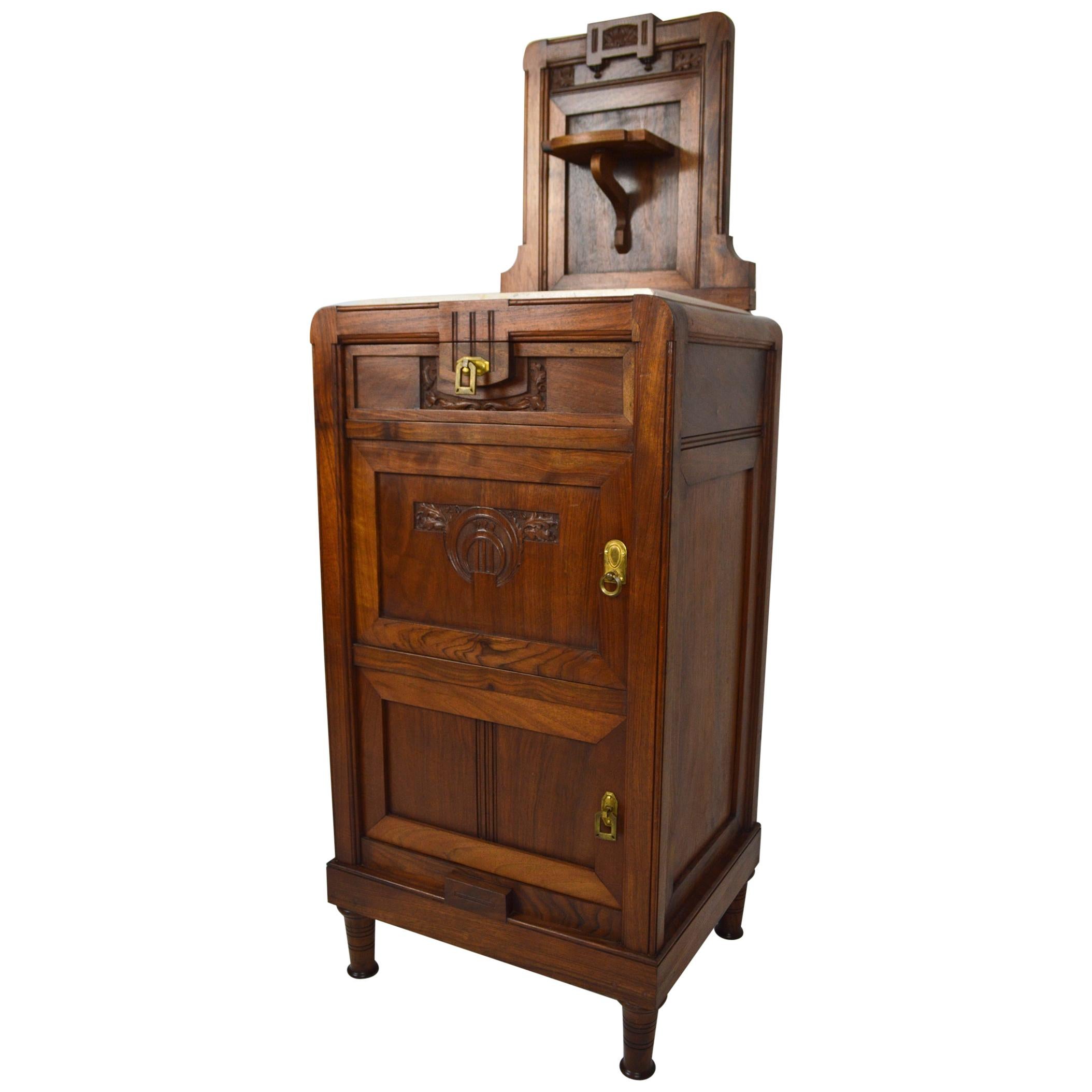Art Nouveau Carved Walnut Nightstand / Bedside Table with Marble Top, circa 1900 For Sale