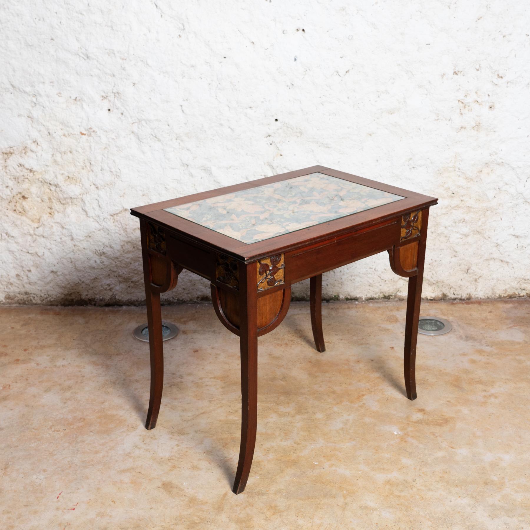 Art Nouveau Carved Wood and Guilted Side Table 13