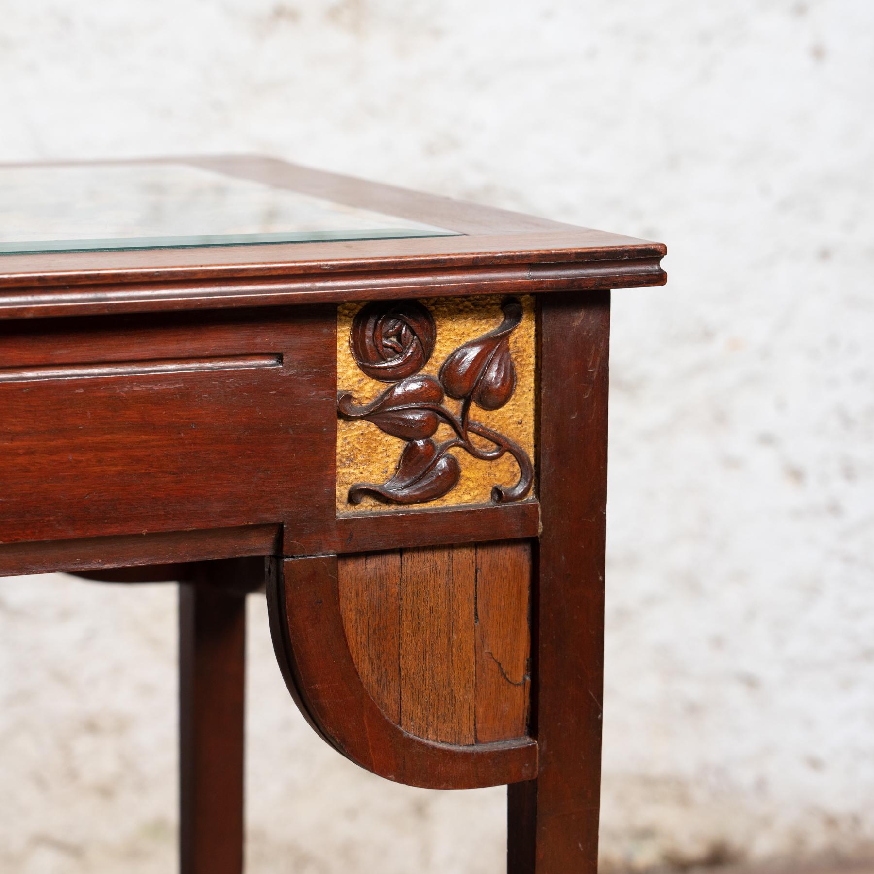 Spanish Art Nouveau Carved Wood and Guilted Side Table