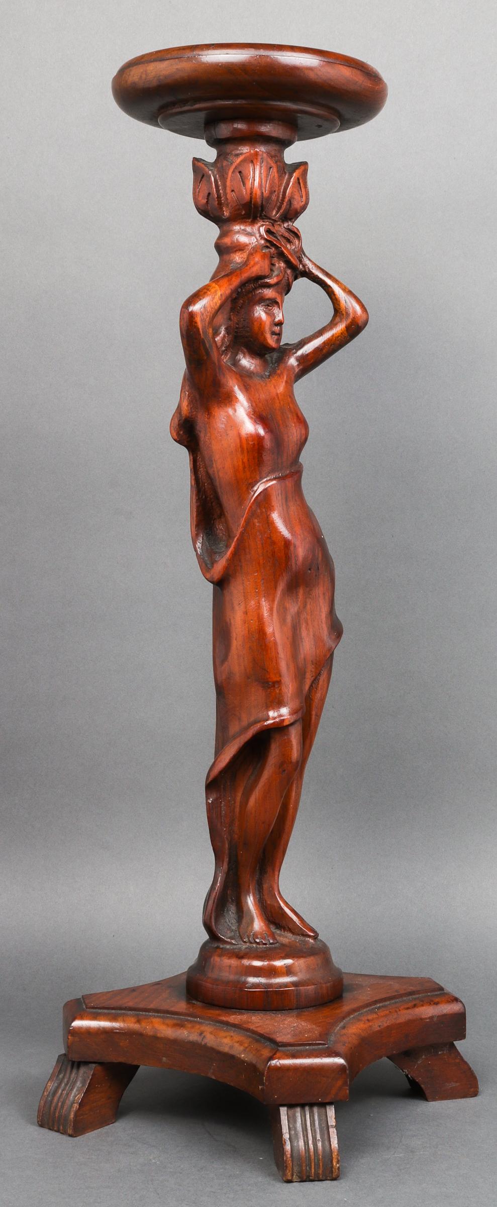 Art Nouveau carved wood pedestal or stand with draped female nude columnar support. Measures: 26.5