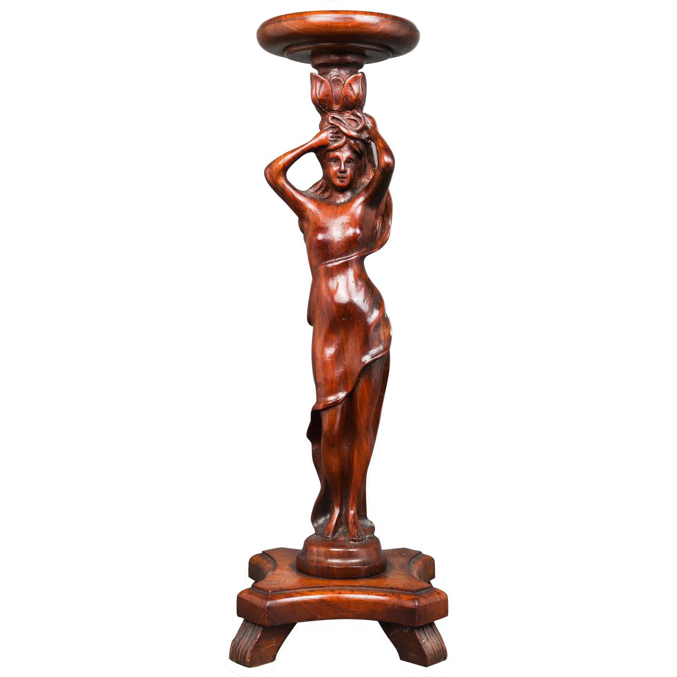 Art Nouveau Carved Wood Figural Pedestal Stand