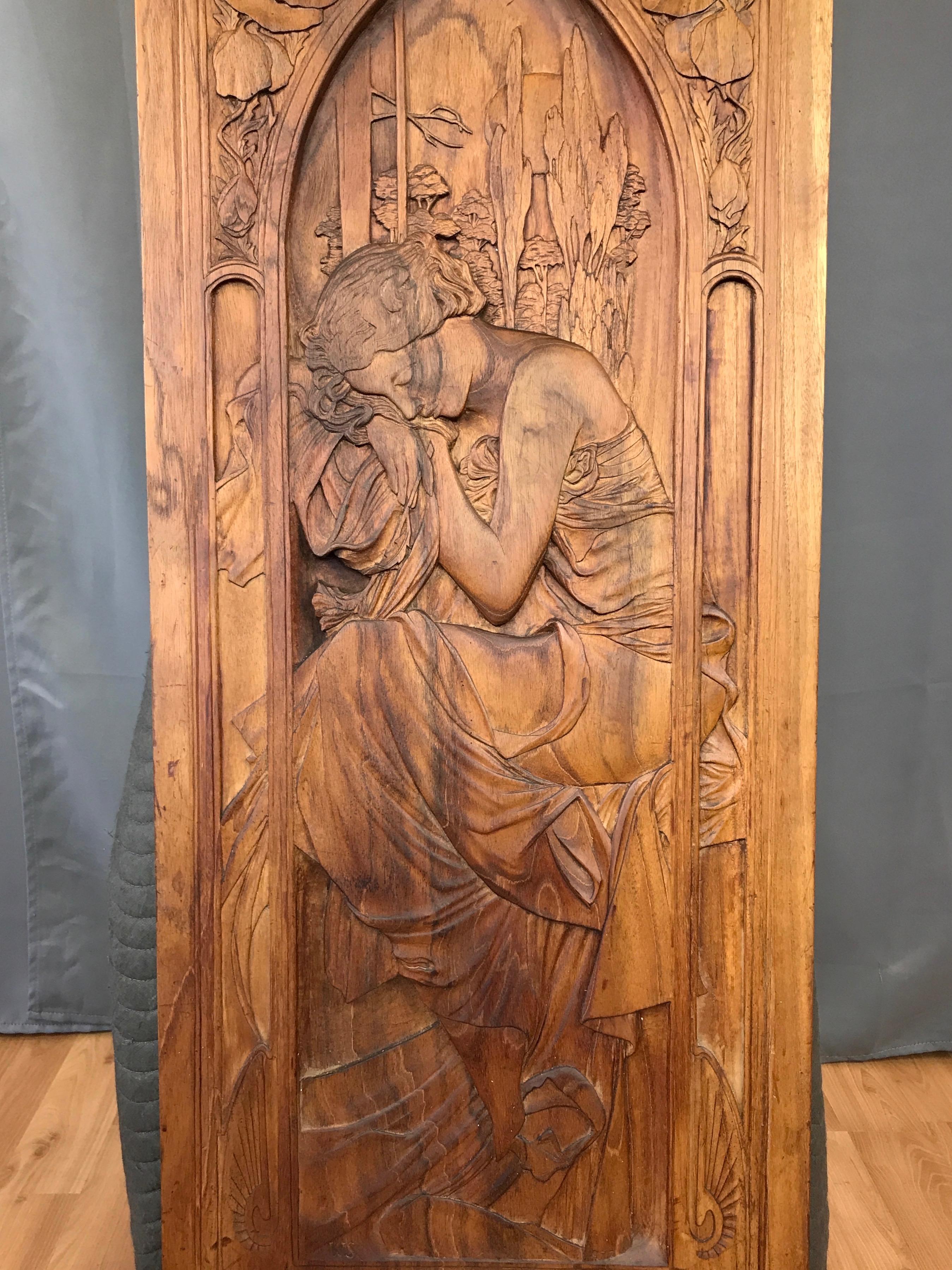 American Art Nouveau Carved Wood Panel after Alphonse Mucha’s “Repos de la Nuit”