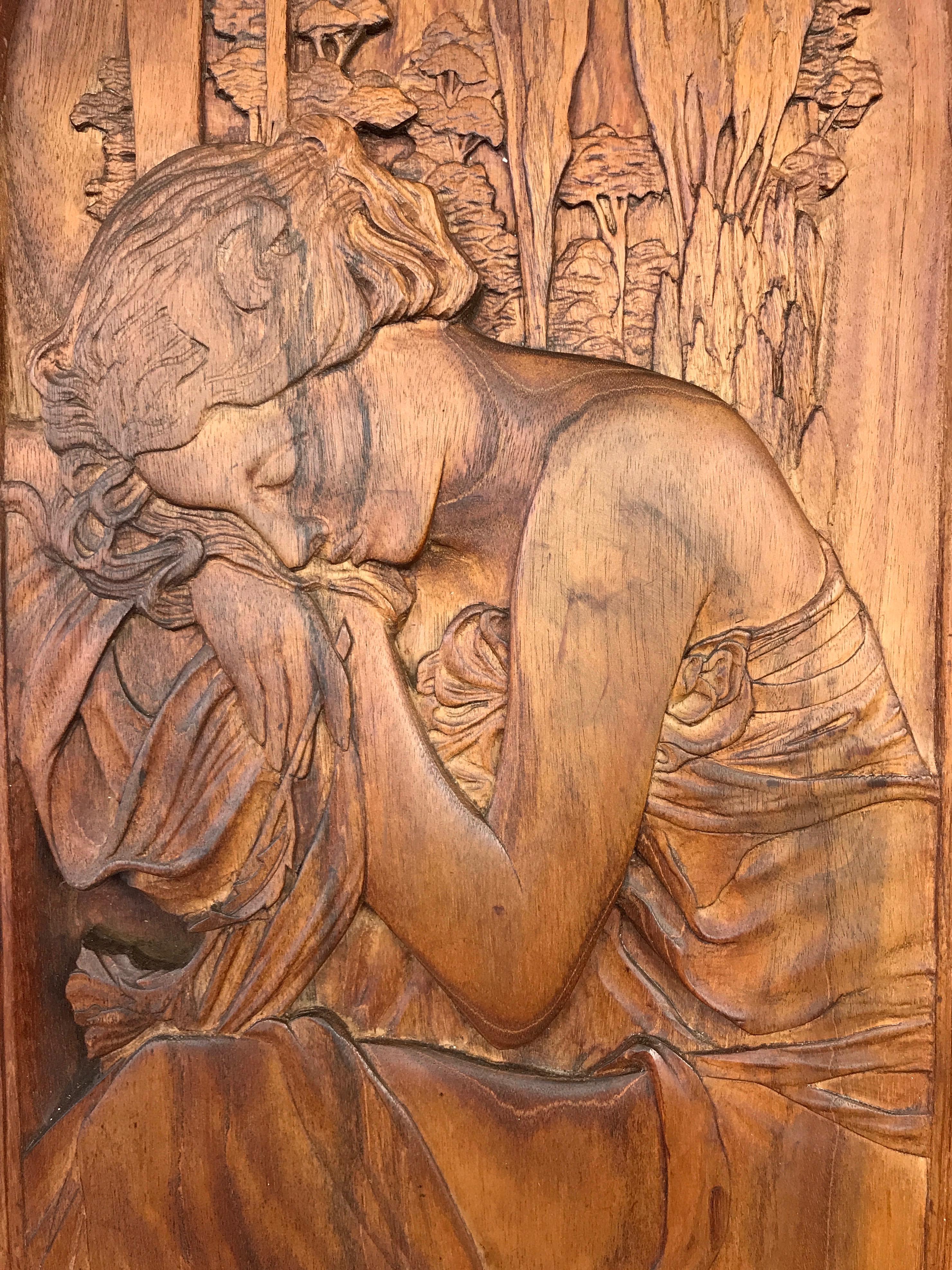 Art Nouveau Carved Wood Panel after Alphonse Mucha’s “Repos de la Nuit” In Good Condition In San Francisco, CA