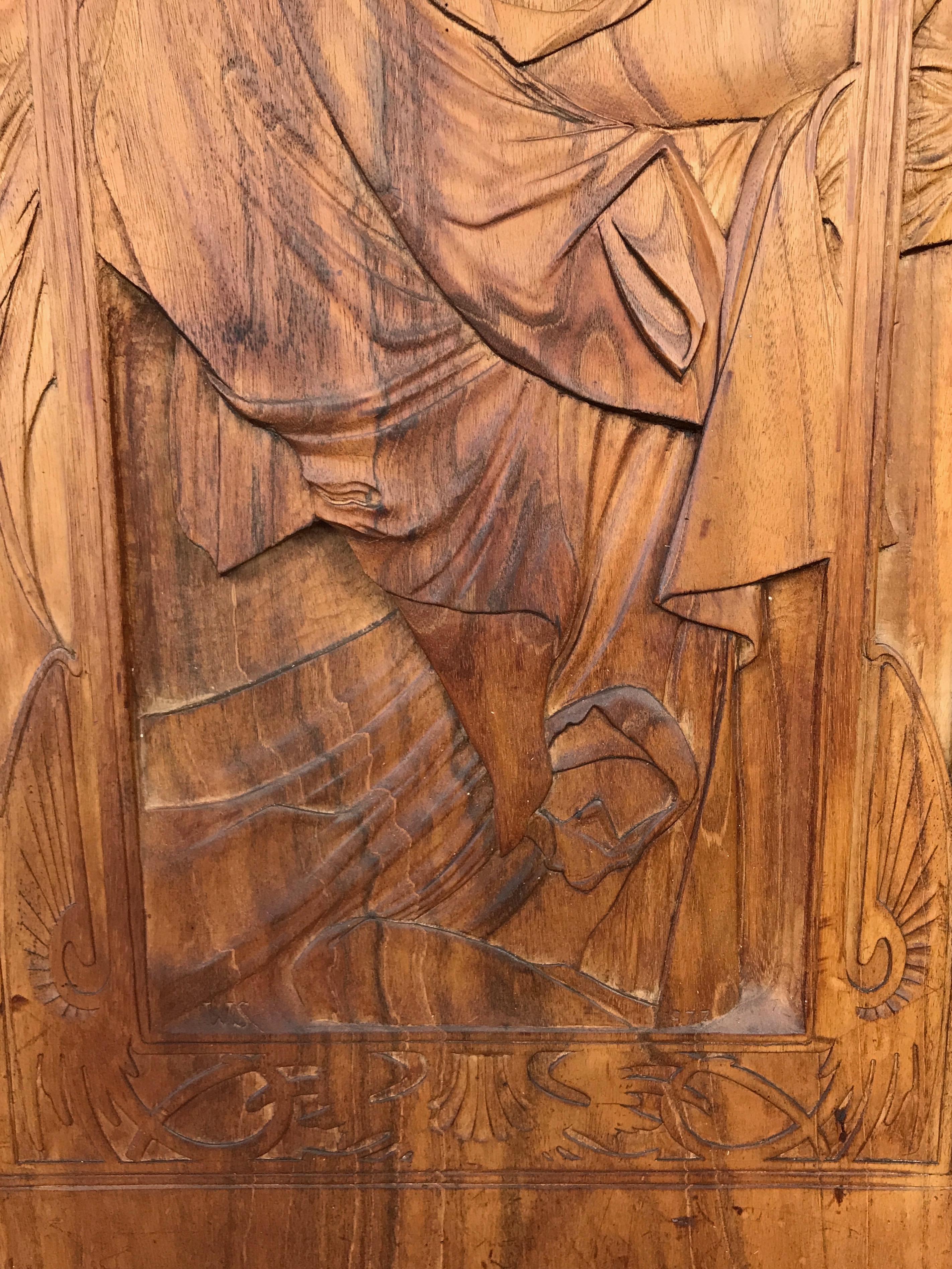 Late 20th Century Art Nouveau Carved Wood Panel after Alphonse Mucha’s “Repos de la Nuit”
