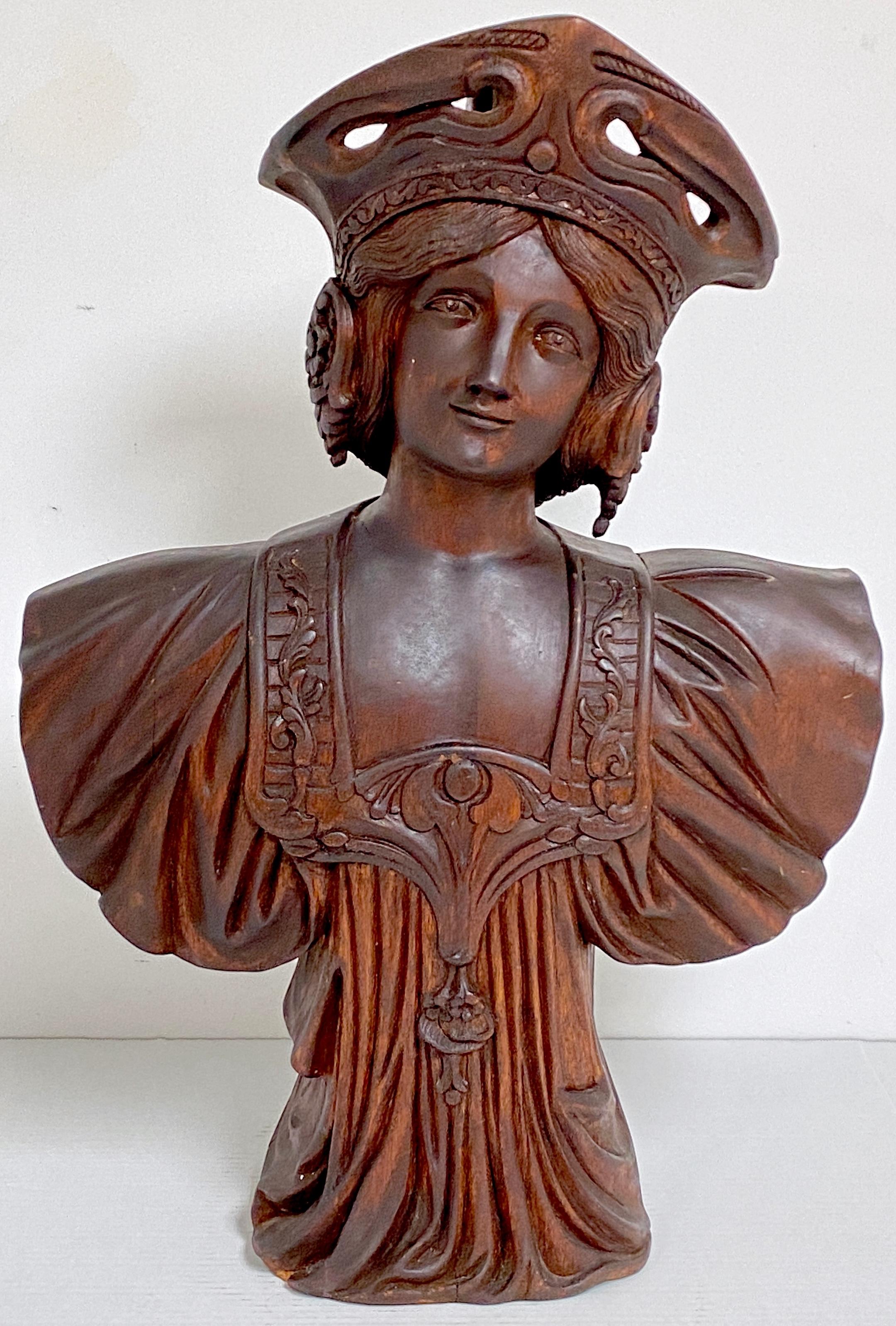 Art Nouveau Carved Wood Portrait of a Russian Maiden with Kokoshnik Headdress For Sale 6