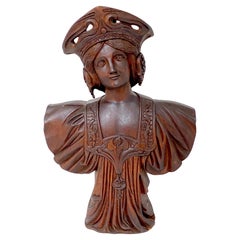 Antique Art Nouveau Carved Wood Portrait of a Russian Maiden with Kokoshnik Headdress