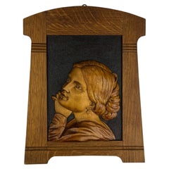 Art Nouveau Carved Wood Portrait Panel in Architectural Frame