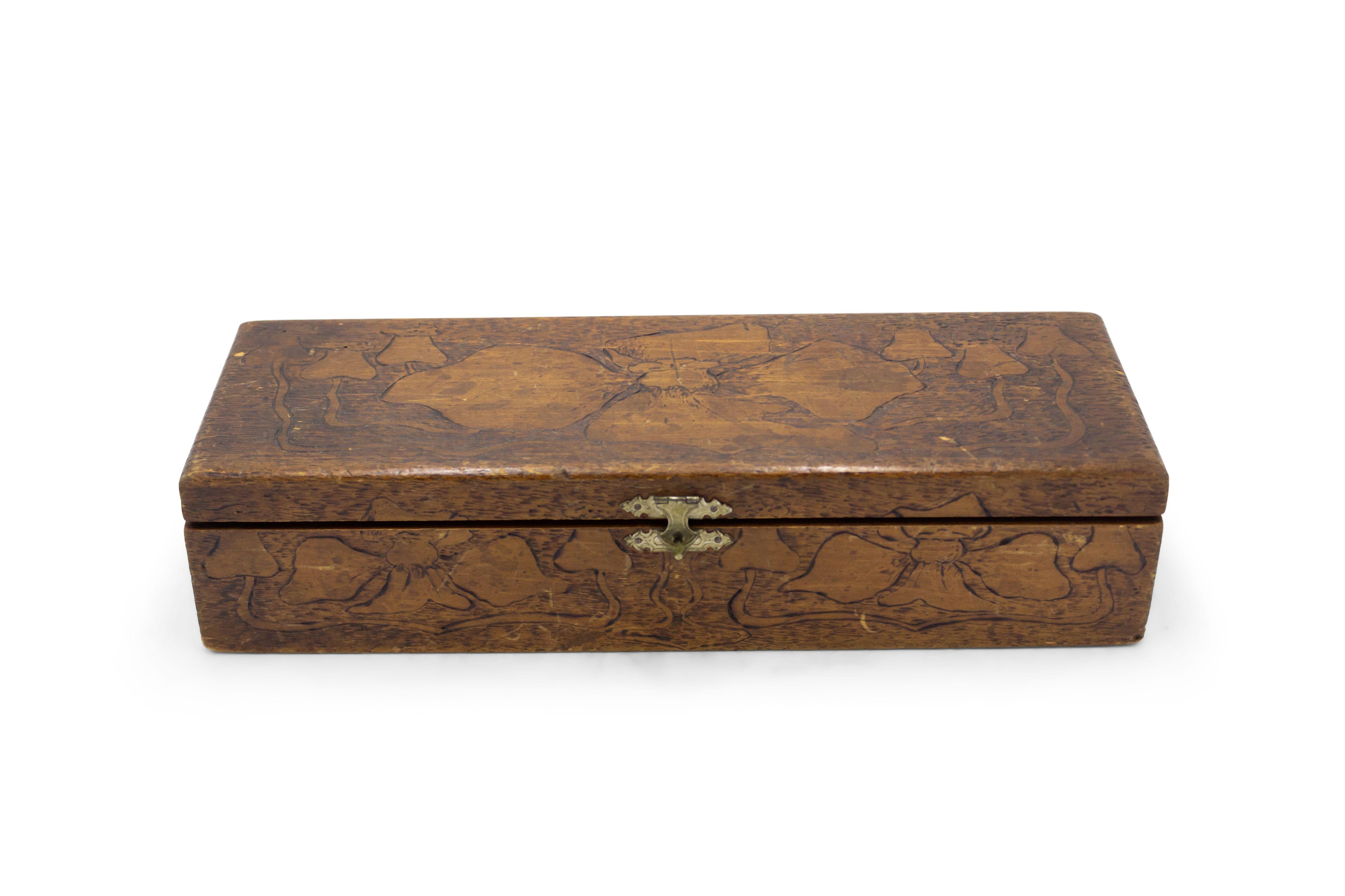 Etched Art Nouveau Carved Wooden Box For Sale