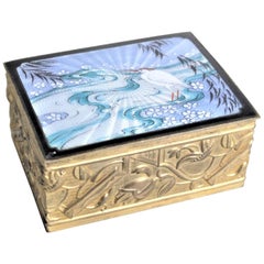 Art Nouveau Cast Bronze Box with Enameled Top & Asian Styled Bird & River Scene