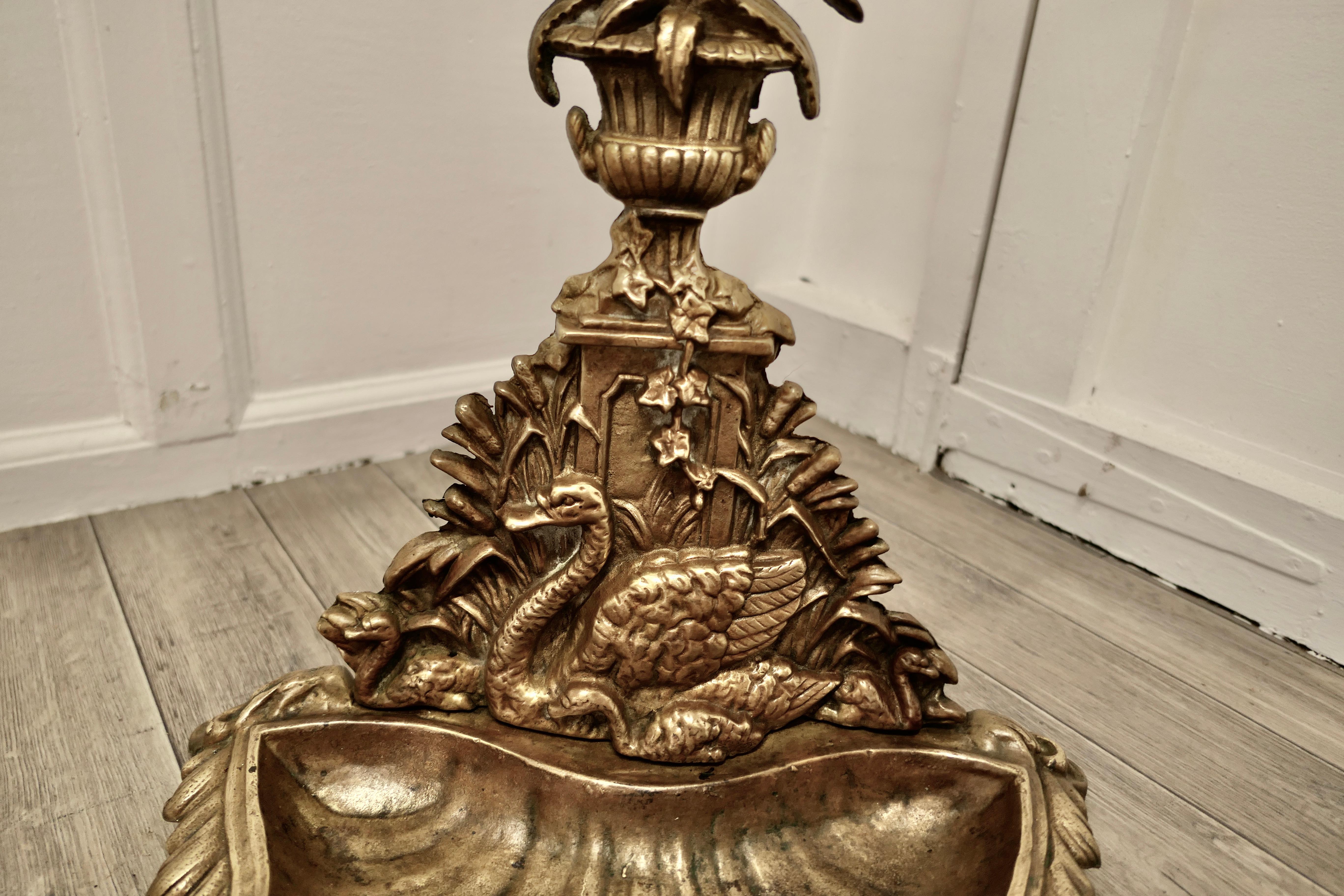 Arts and Crafts Art Nouveau Cast Iron Brass Walking Stick Stand, Swans