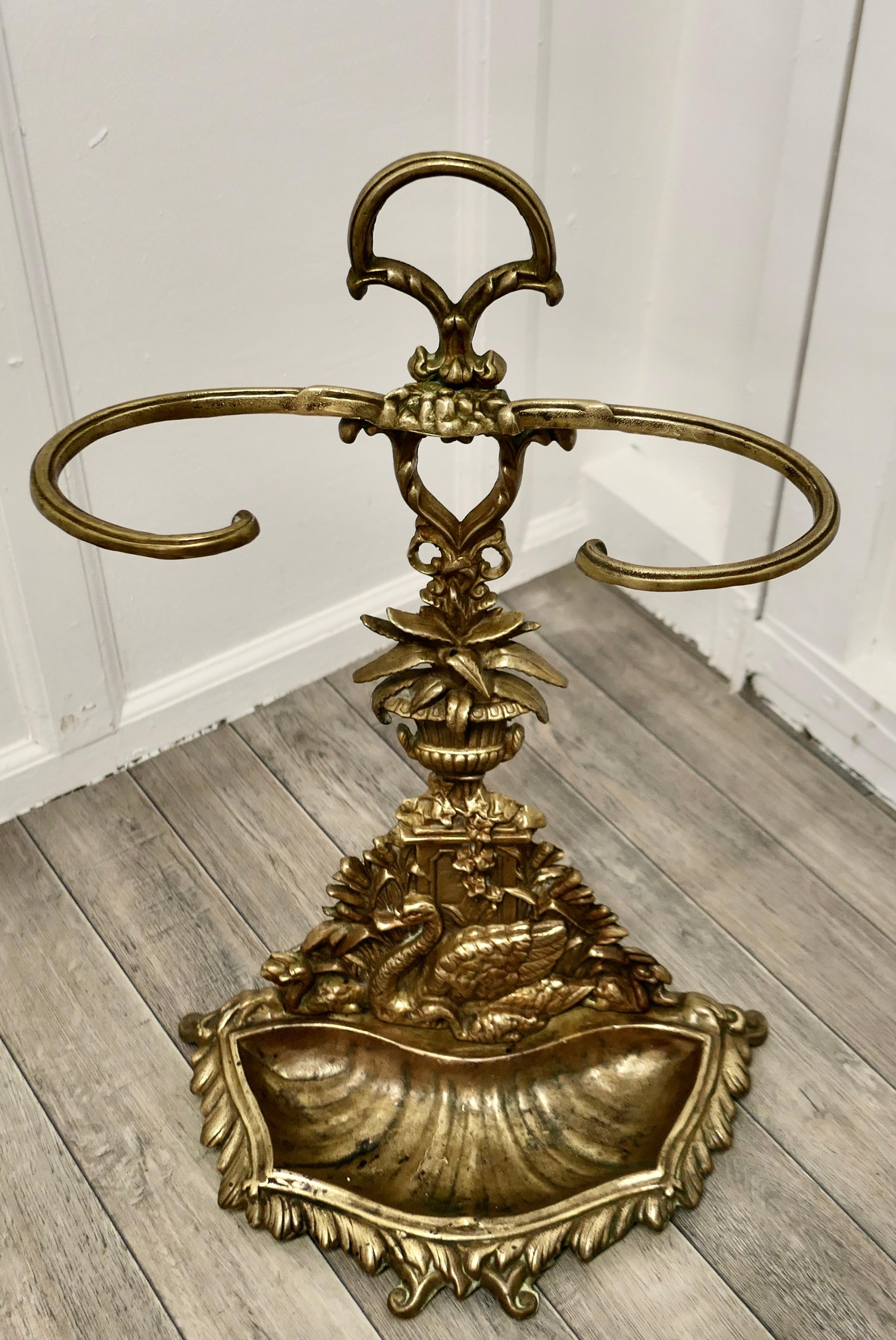 Art Nouveau Cast Iron Brass Walking Stick Stand, Swans In Good Condition In Godshill, Isle of Wight