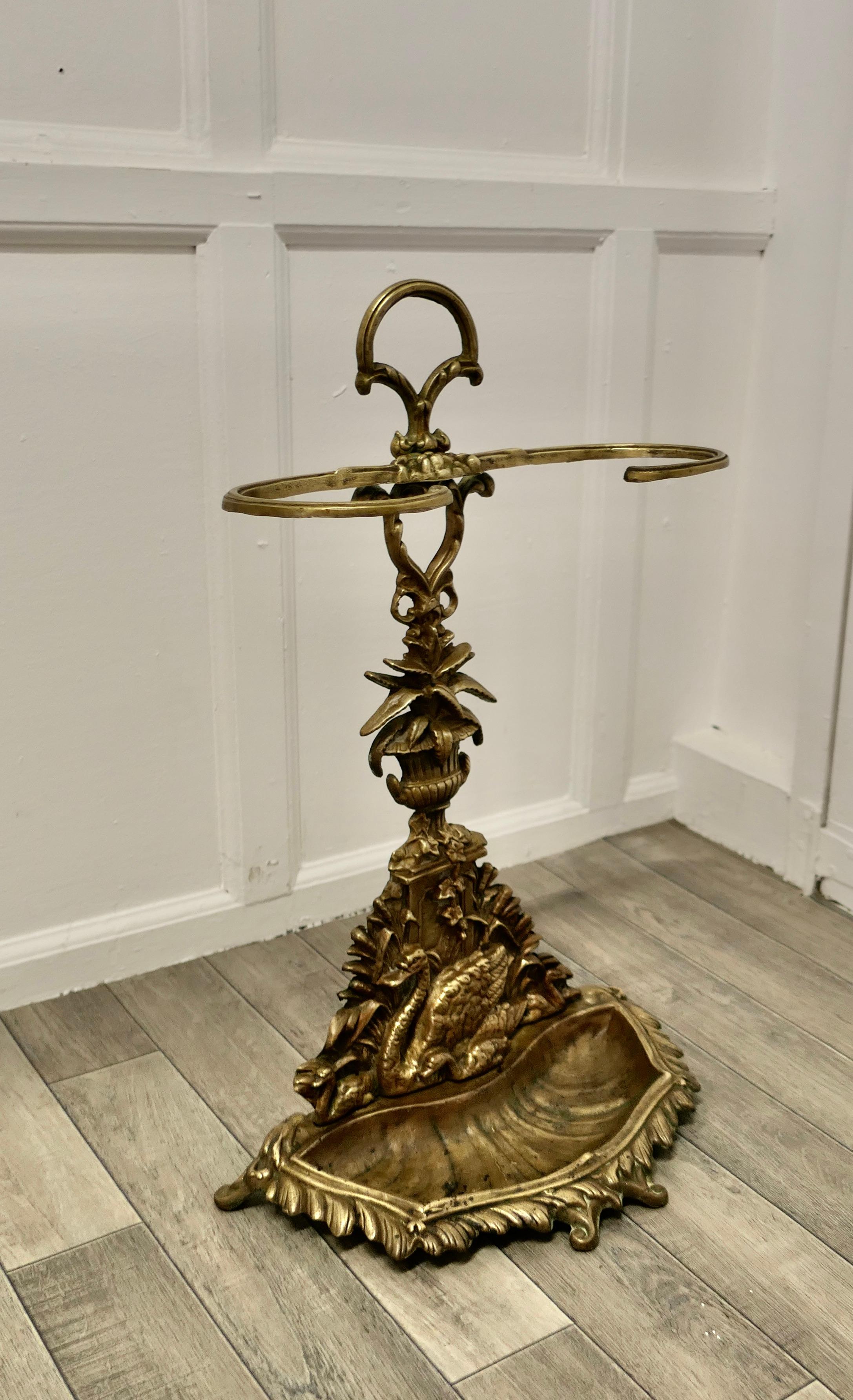 19th Century Art Nouveau Cast Iron Brass Walking Stick Stand, Swans