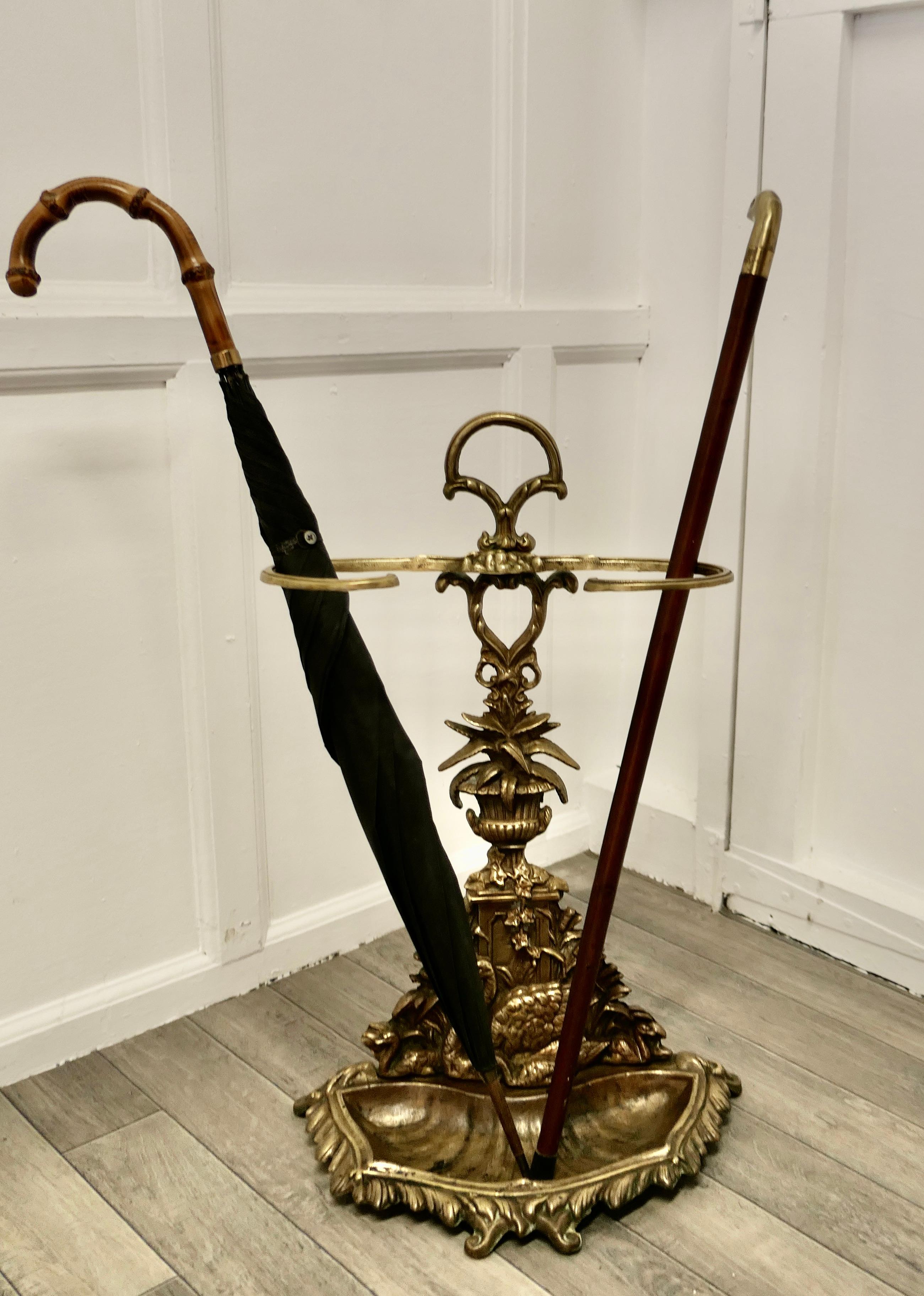 Art Nouveau Cast Iron Brass Walking Stick Stand, Swans 1