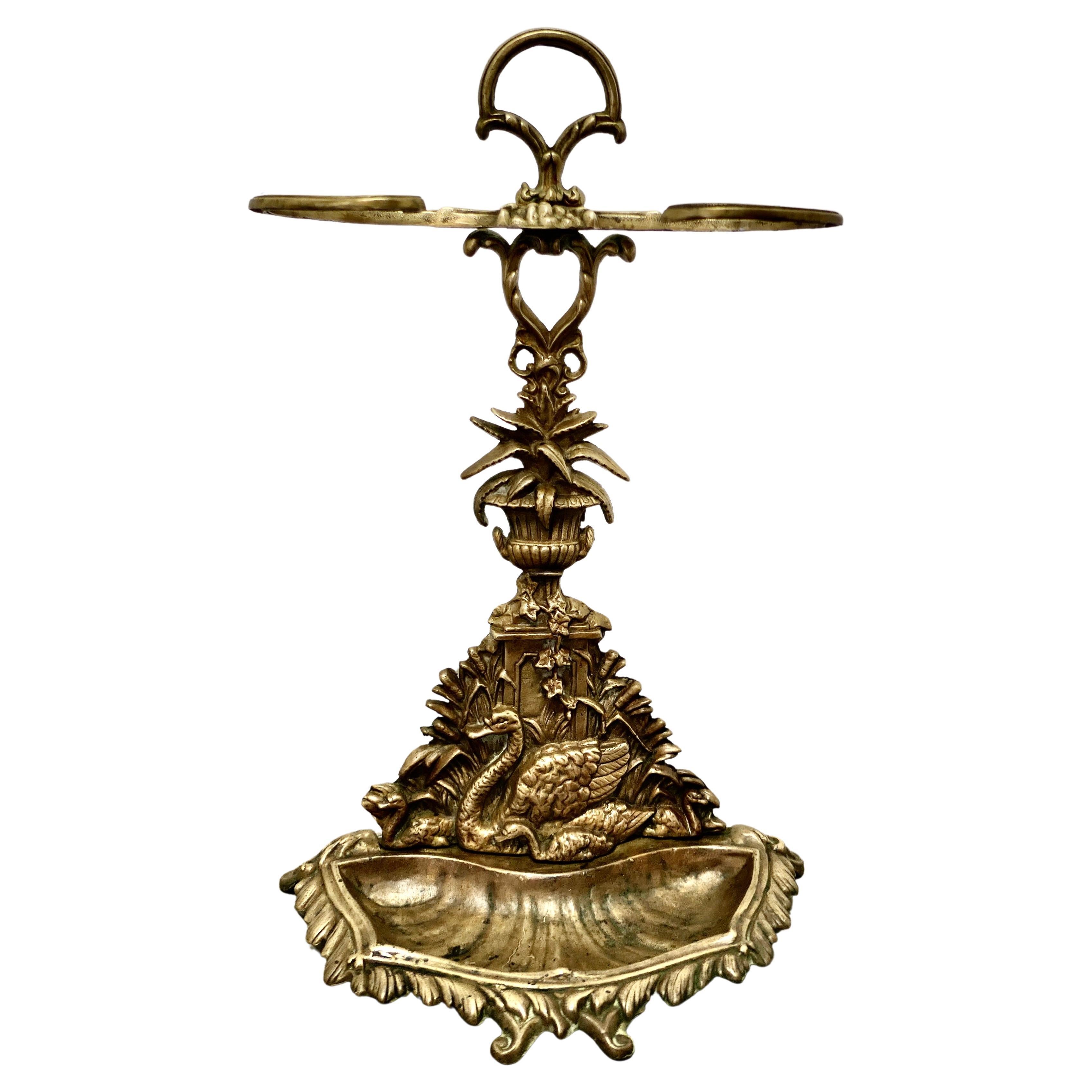 Art Nouveau Cast Iron Brass Walking Stick Stand, Swans