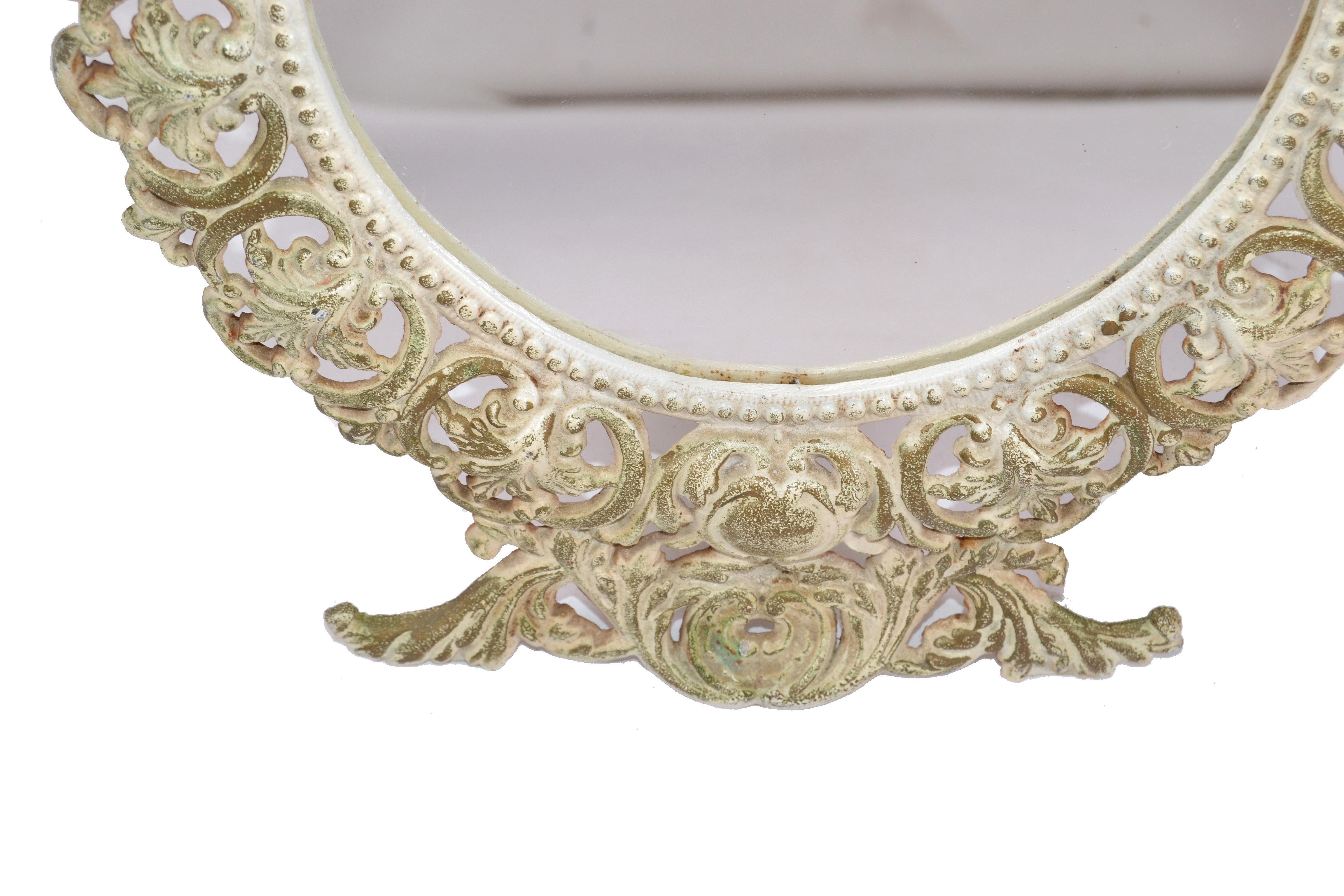 50s Art Nouveau Cast Iron Table Vanity Mirror Desk Accessories Distressed Finish In Good Condition For Sale In Miami, FL