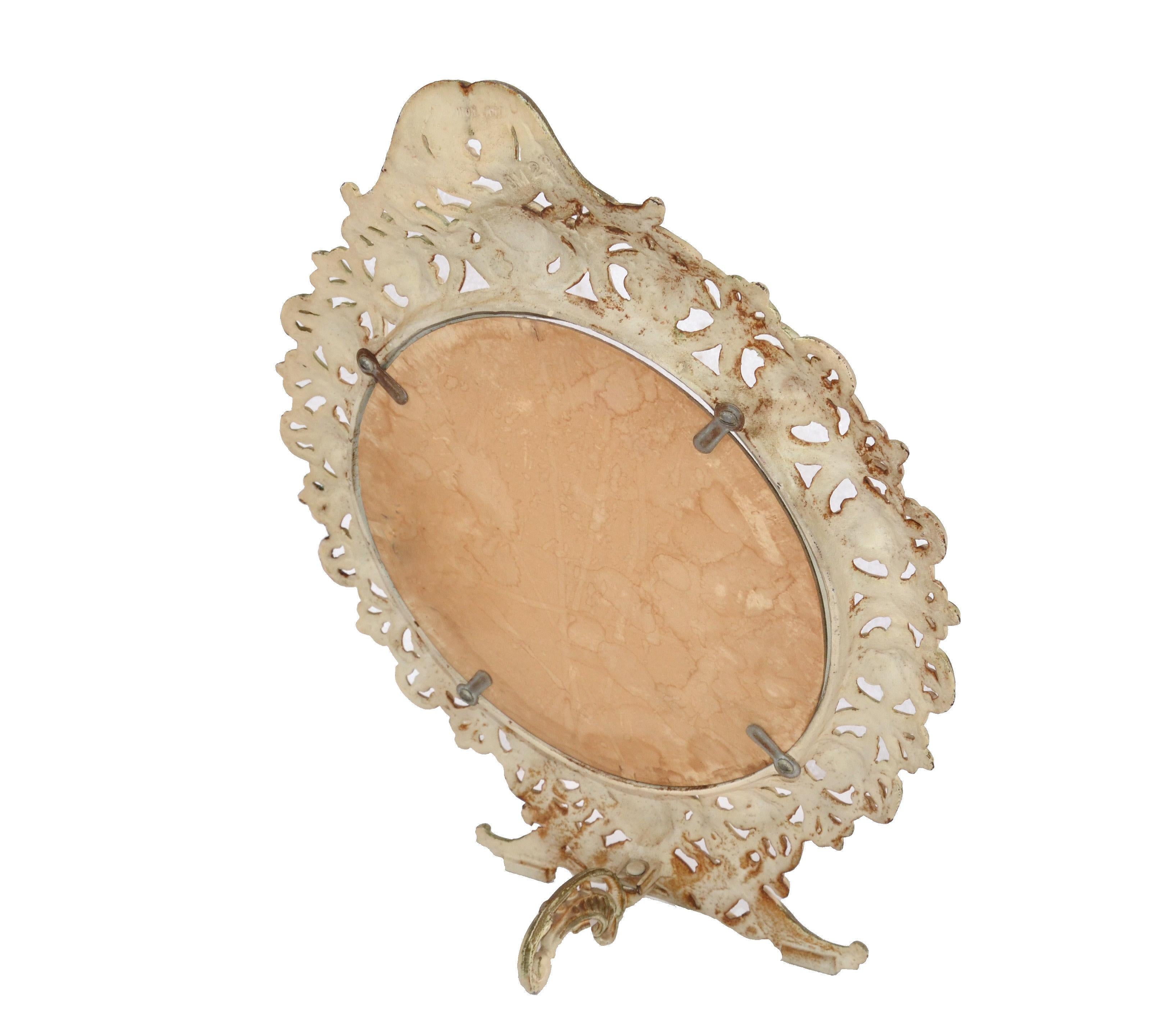 50s Art Nouveau Cast Iron Table Vanity Mirror Desk Accessories Distressed Finish For Sale 1