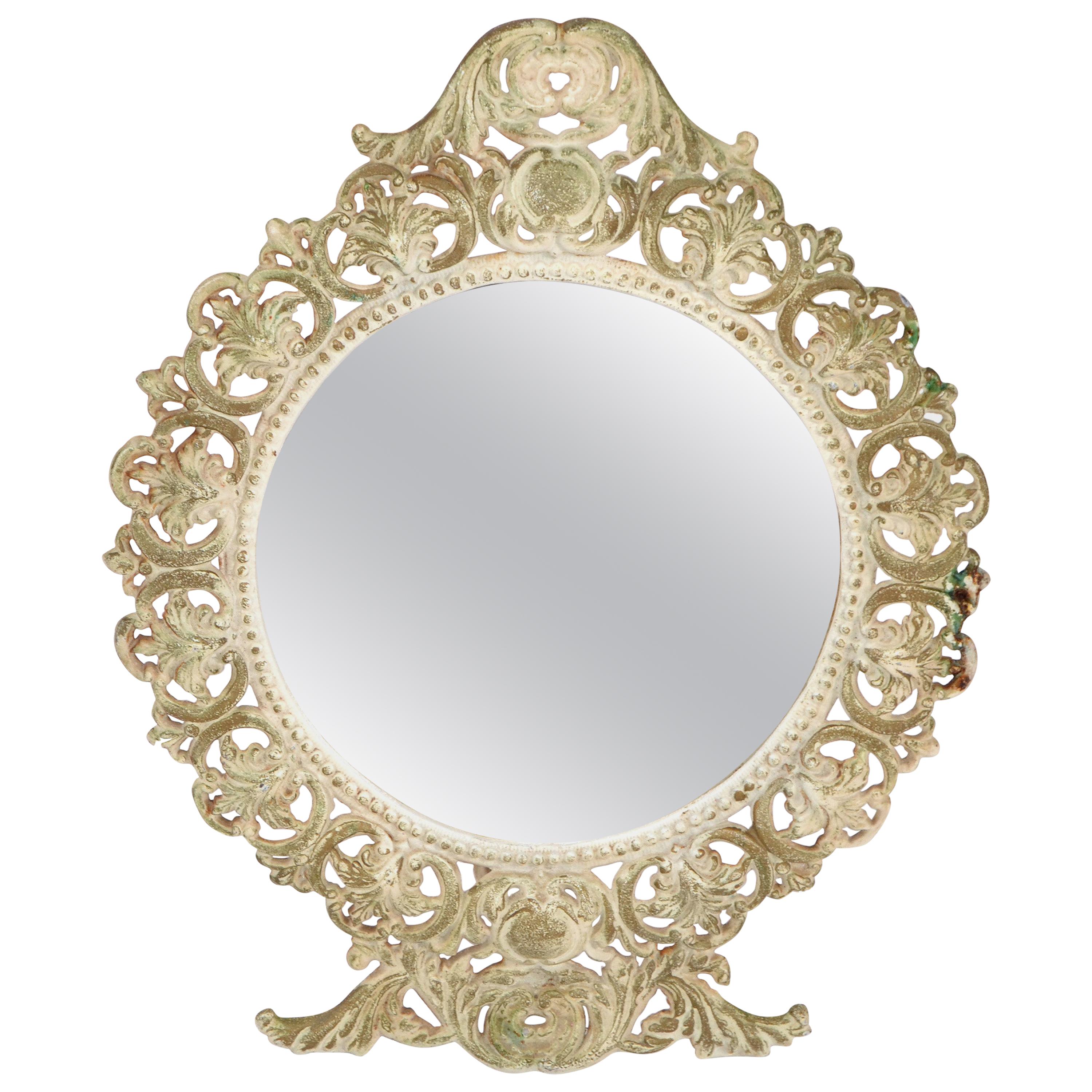 50s Art Nouveau Cast Iron Table Vanity Mirror Desk Accessories Distressed Finish For Sale