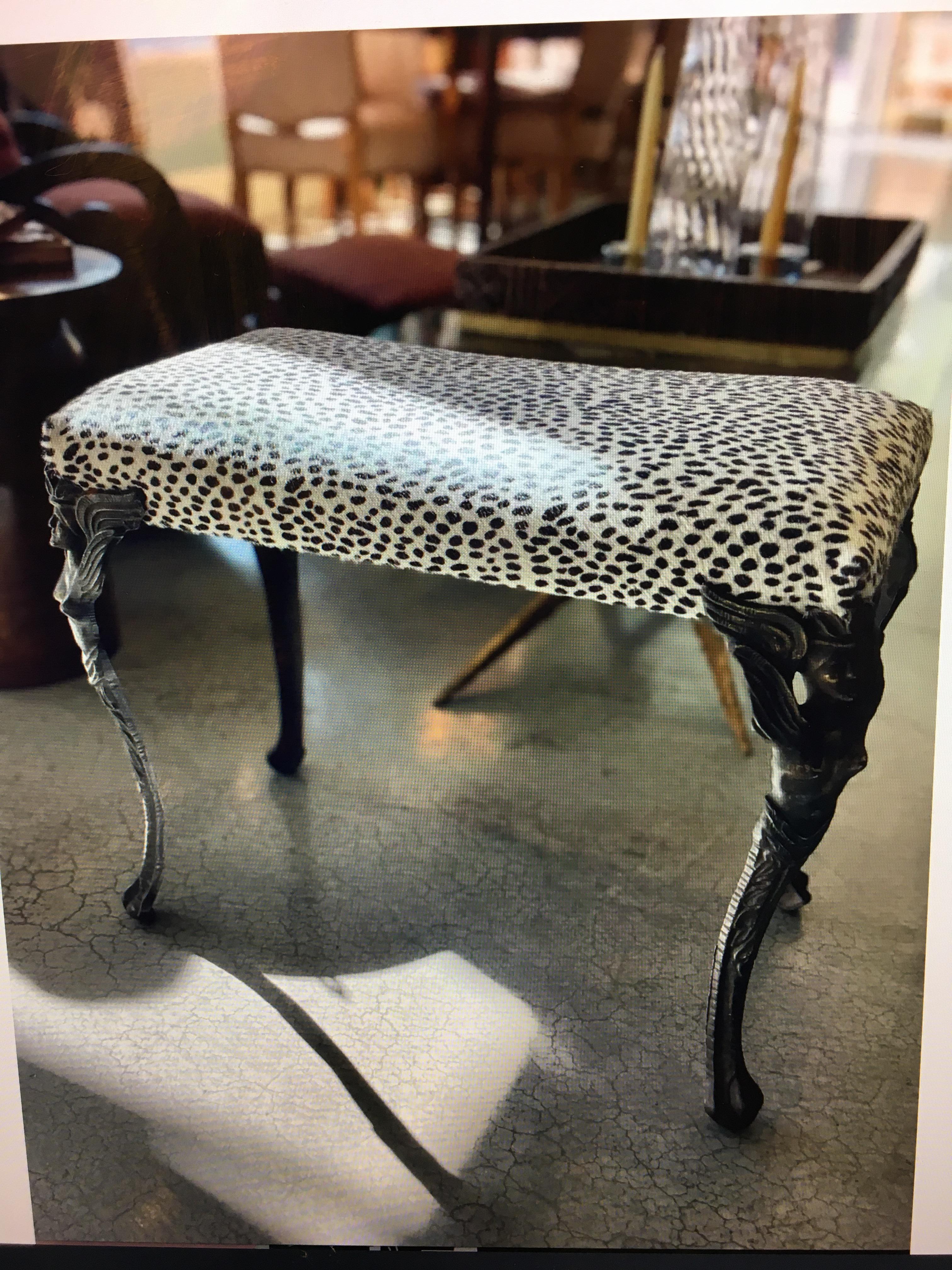 Art Nouveau Cast Iron Vanity Bench W/ Cheetah Printed Hide In Good Condition For Sale In Pasadena, CA