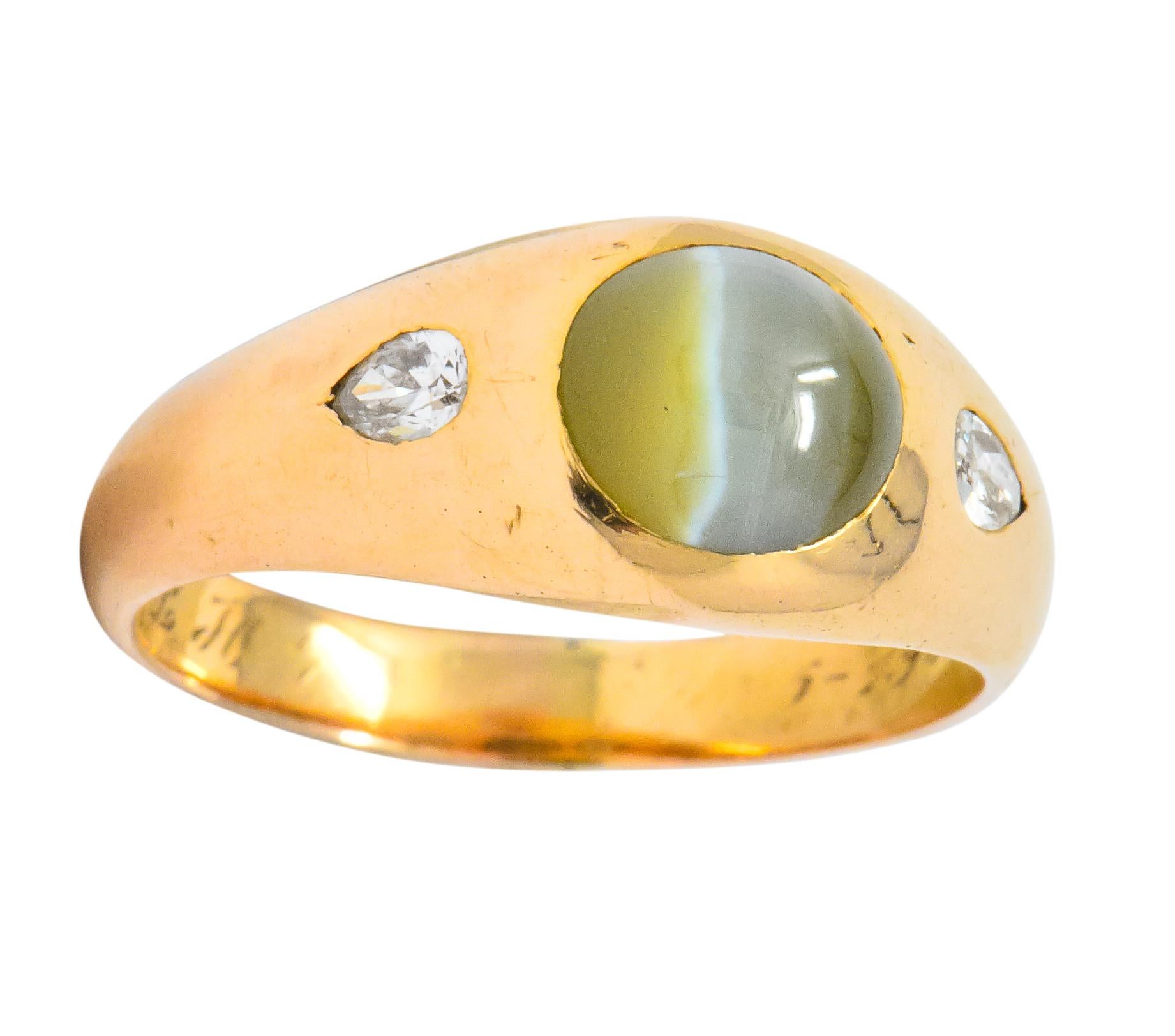 Art Nouveau Cat's Eye Chrysoberyl Diamond 14 Karat Gold Unisex Ring 7