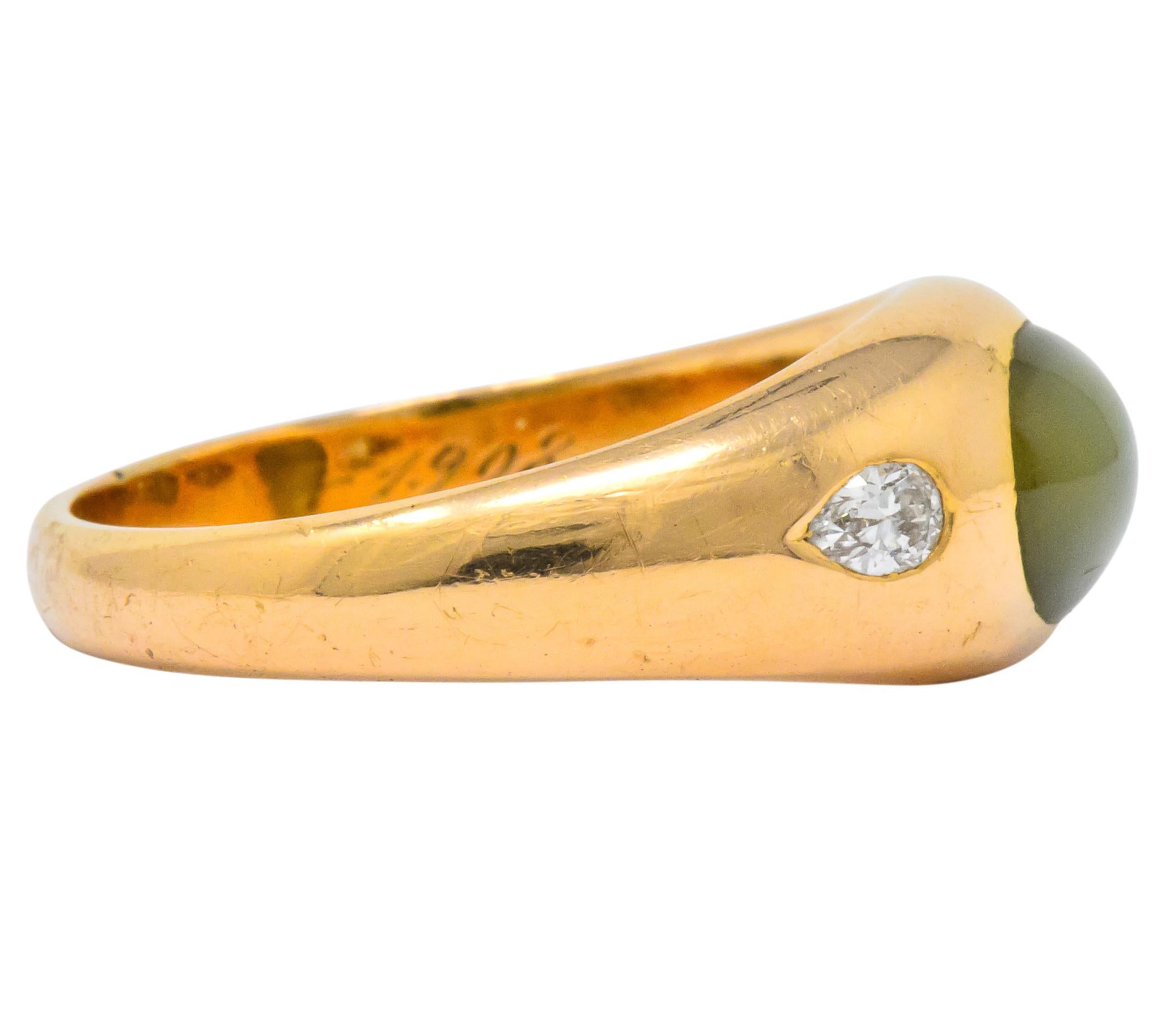 Art Nouveau Cat's Eye Chrysoberyl Diamond 14 Karat Gold Unisex Ring In Excellent Condition In Philadelphia, PA